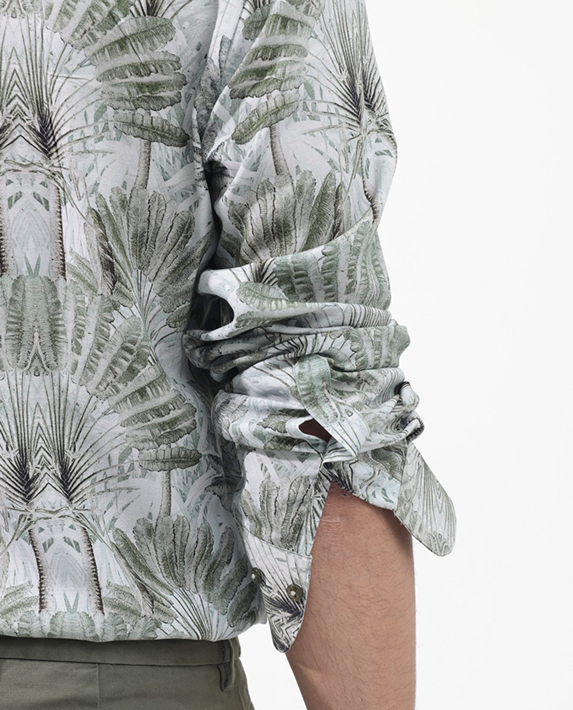 Rare Rabbit Mens Areca Light Green Viscose Fabric Full Sleeves Tropical Print Shirt