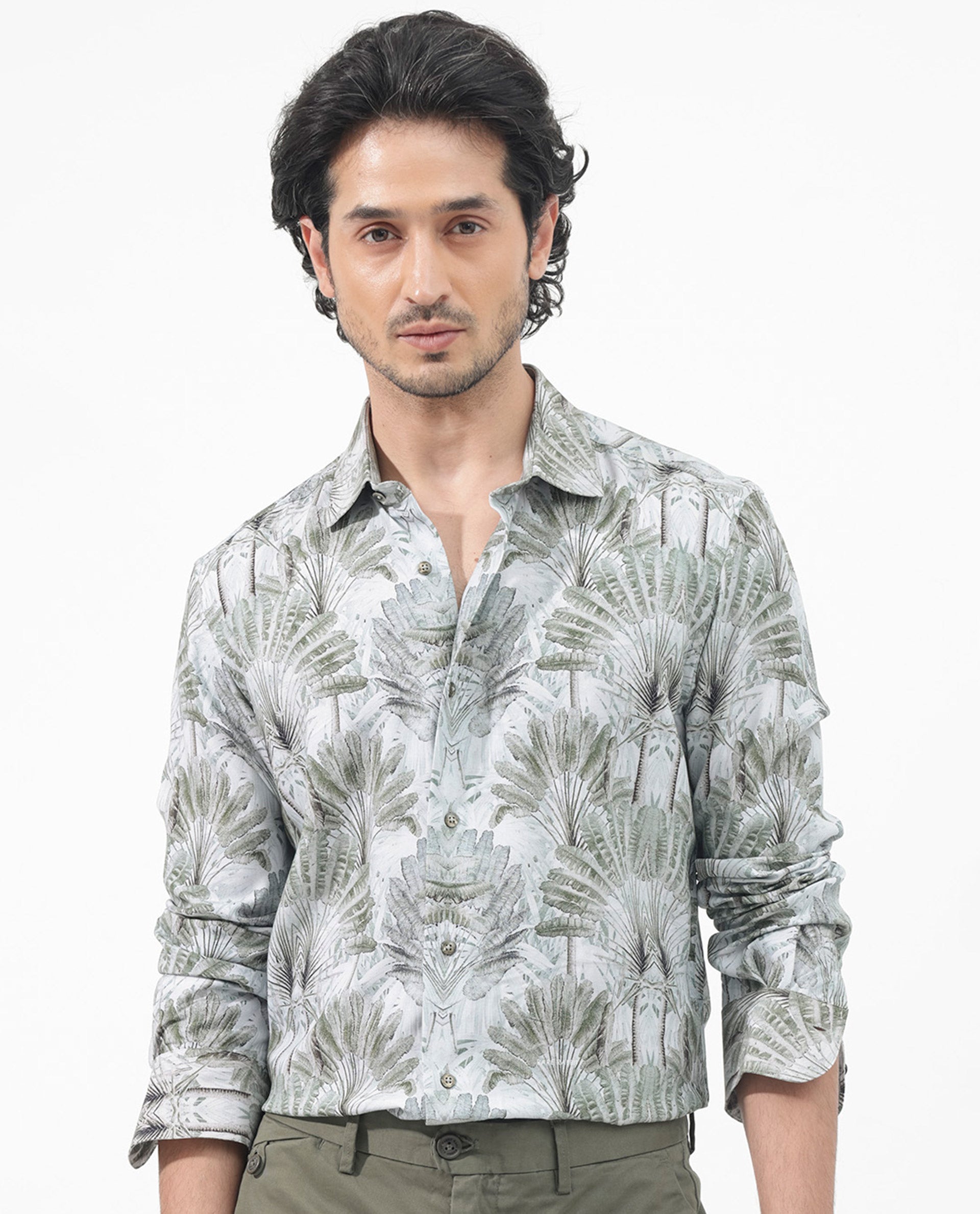 Rare Rabbit Mens Areca Light Green Viscose Fabric Full Sleeves Tropical Print Shirt