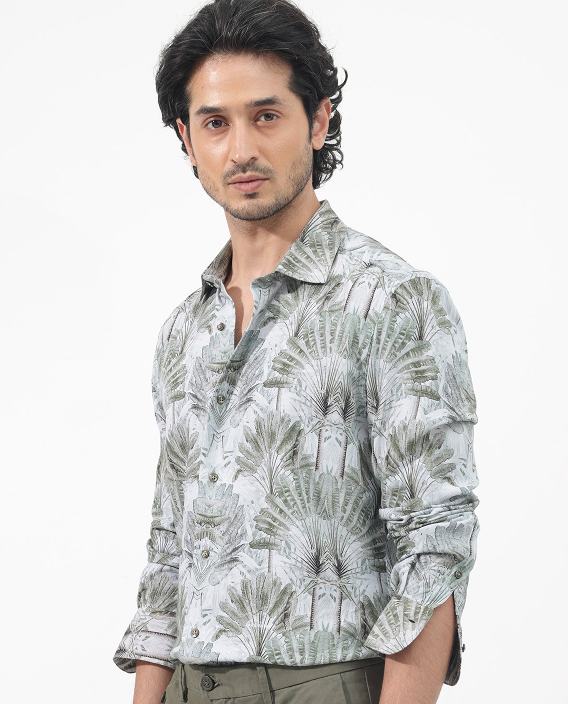 Rare Rabbit Mens Areca Light Green Viscose Fabric Full Sleeves Tropical Print Shirt