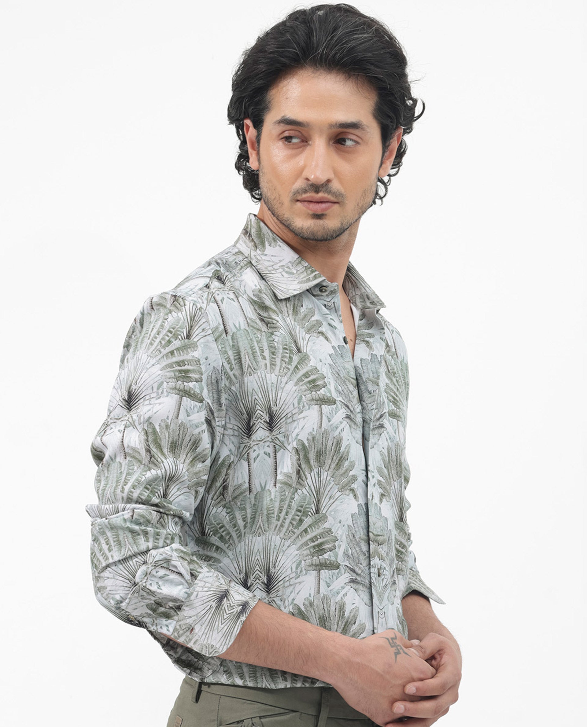 Rare Rabbit Mens Areca Light Green Viscose Fabric Full Sleeves Tropical Print Shirt