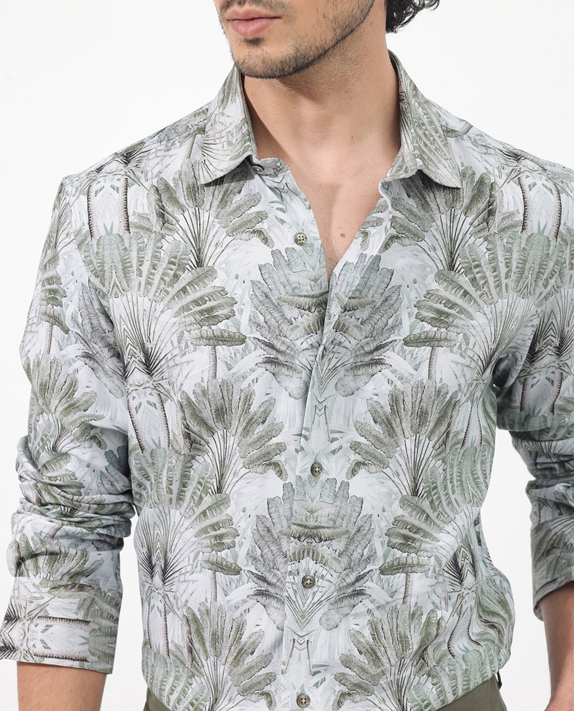 Rare Rabbit Mens Areca Light Green Viscose Fabric Full Sleeves Tropical Print Shirt