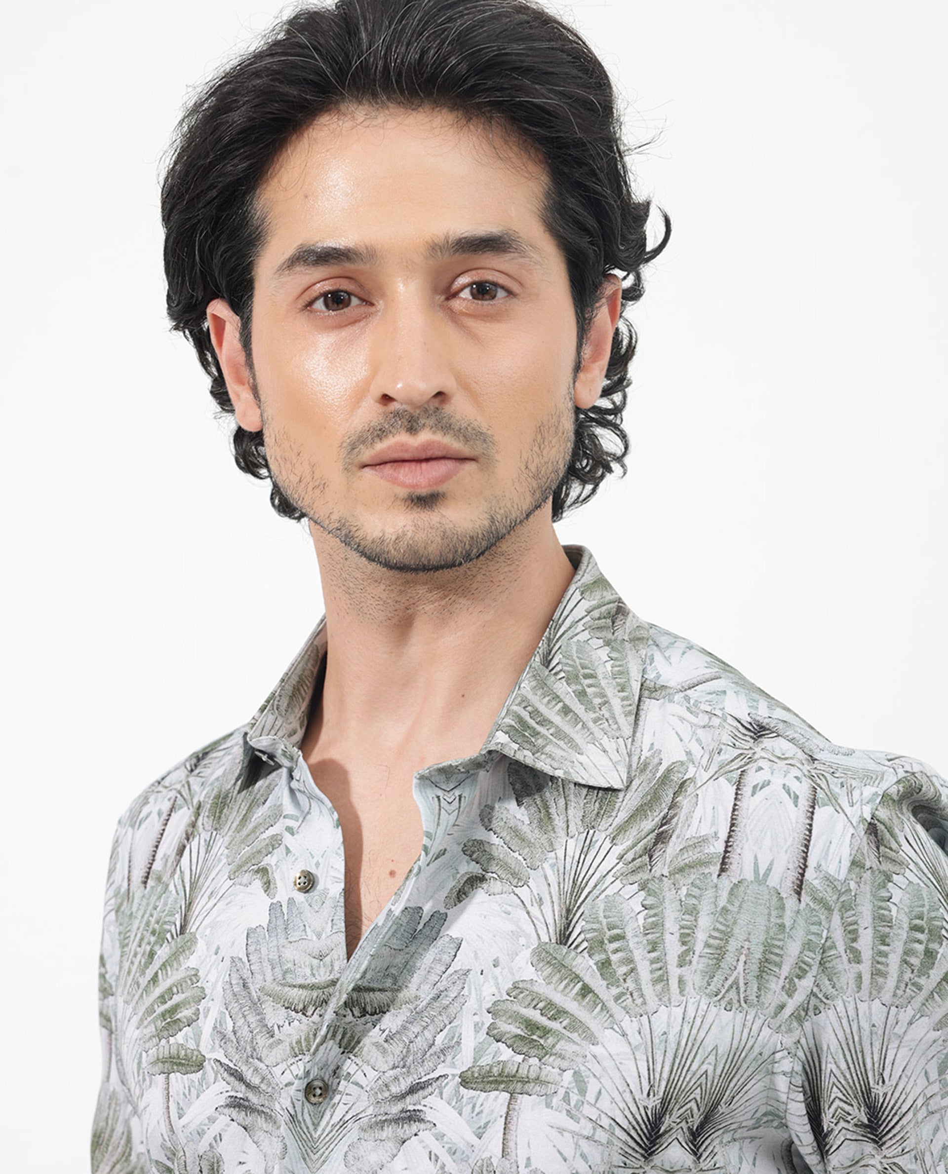 Rare Rabbit Mens Areca Light Green Viscose Fabric Full Sleeves Tropical Print Shirt