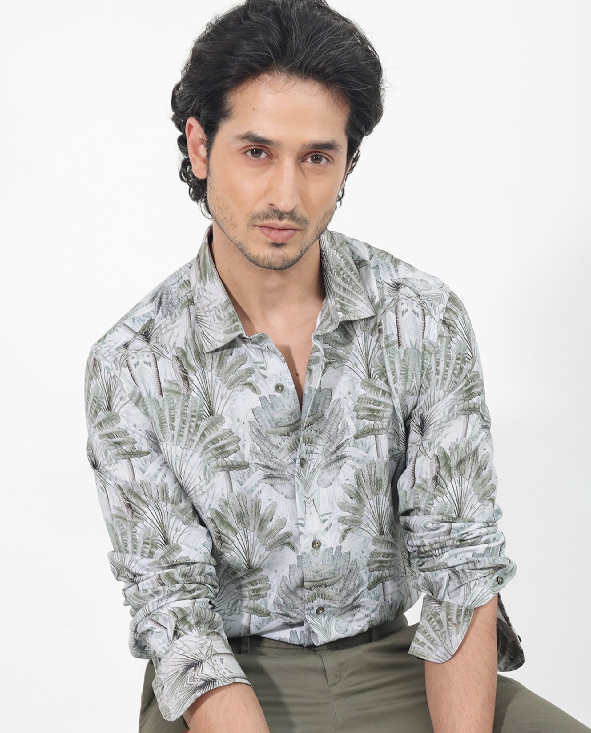 Rare Rabbit Mens Areca Light Green Viscose Fabric Full Sleeves Tropical Print Shirt