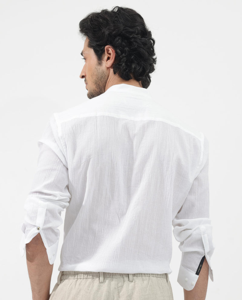 Rare Rabbit Men's Crinkle LS White Cotton Fabric Mandarin Collar Full Sleeves Solid Crinkle Effect Shirt