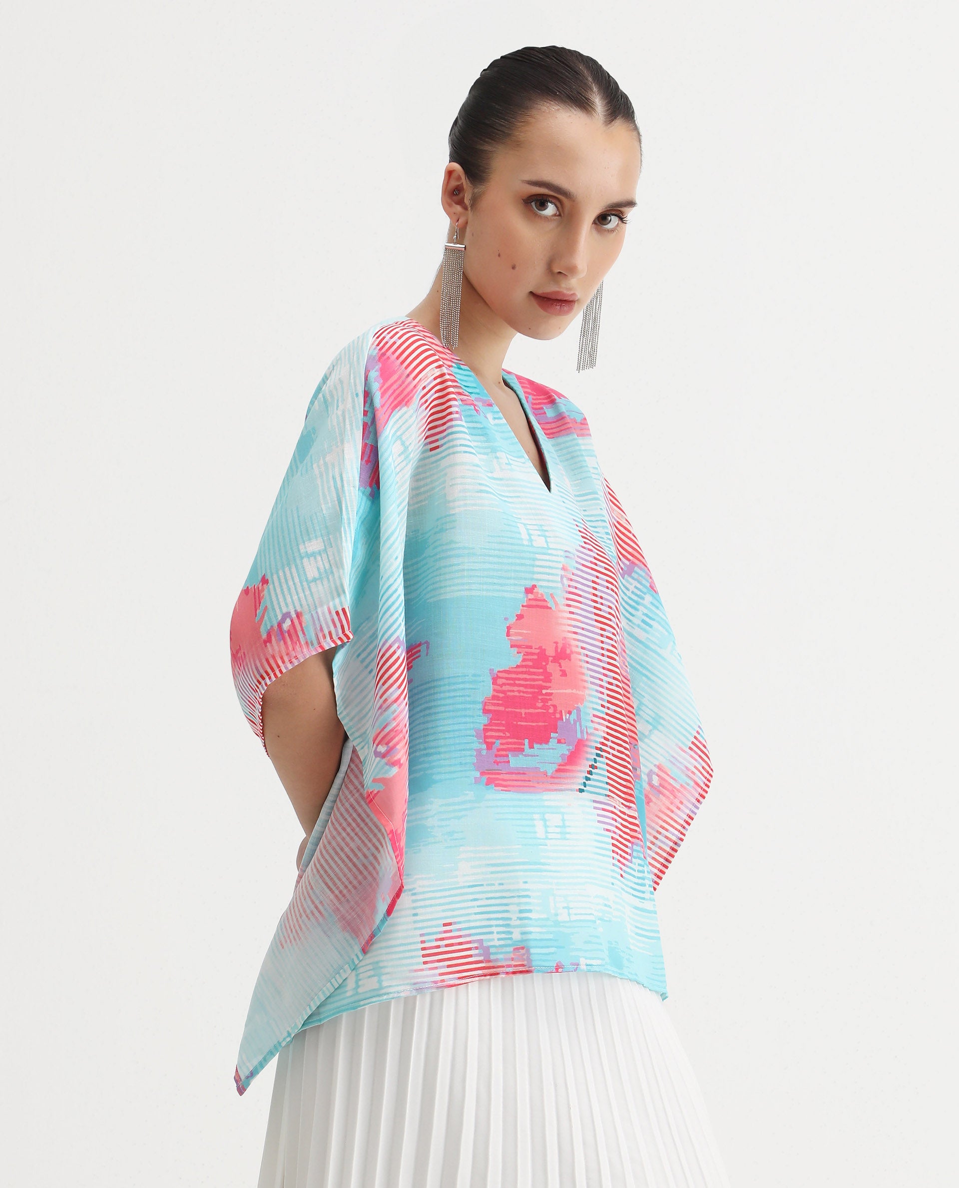 Rareism Women's Arial Light Linen V-Neck Abstract Print Kimono Sleeve Relaxed Fit Top