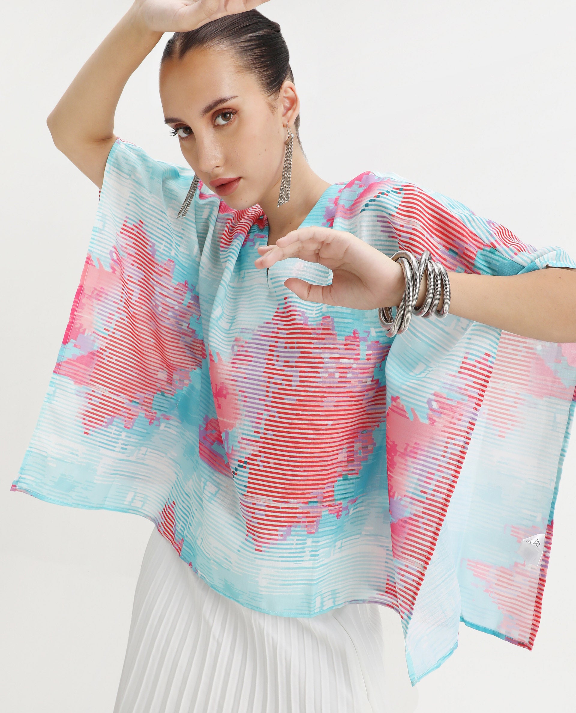 Rareism Women's Arial Light Linen V-Neck Abstract Print Kimono Sleeve Relaxed Fit Top