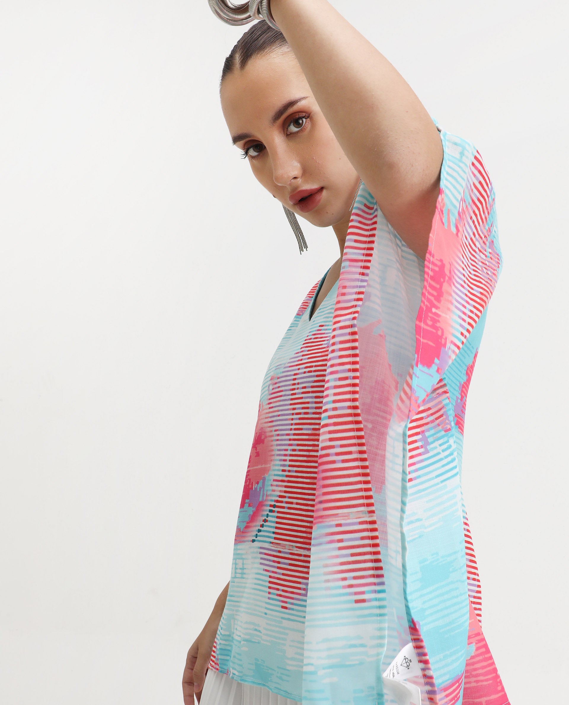 Rareism Women's Arial Light Linen V-Neck Abstract Print Kimono Sleeve Relaxed Fit Top