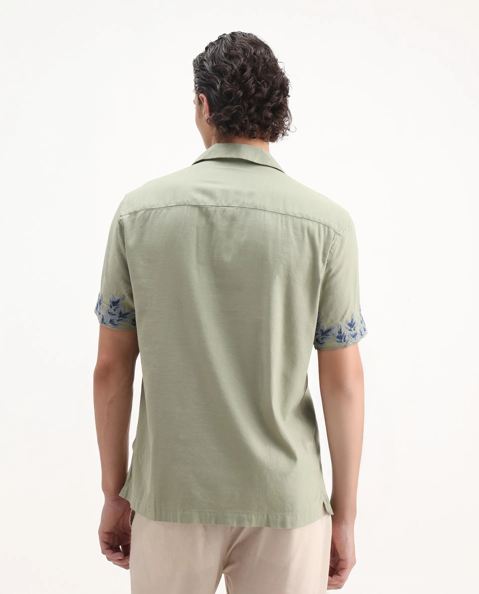 Rare Rabbit Men's Aria Olive Viscose Embroidered Boxy Fit Half Sleeve Cuban Collar Shirt