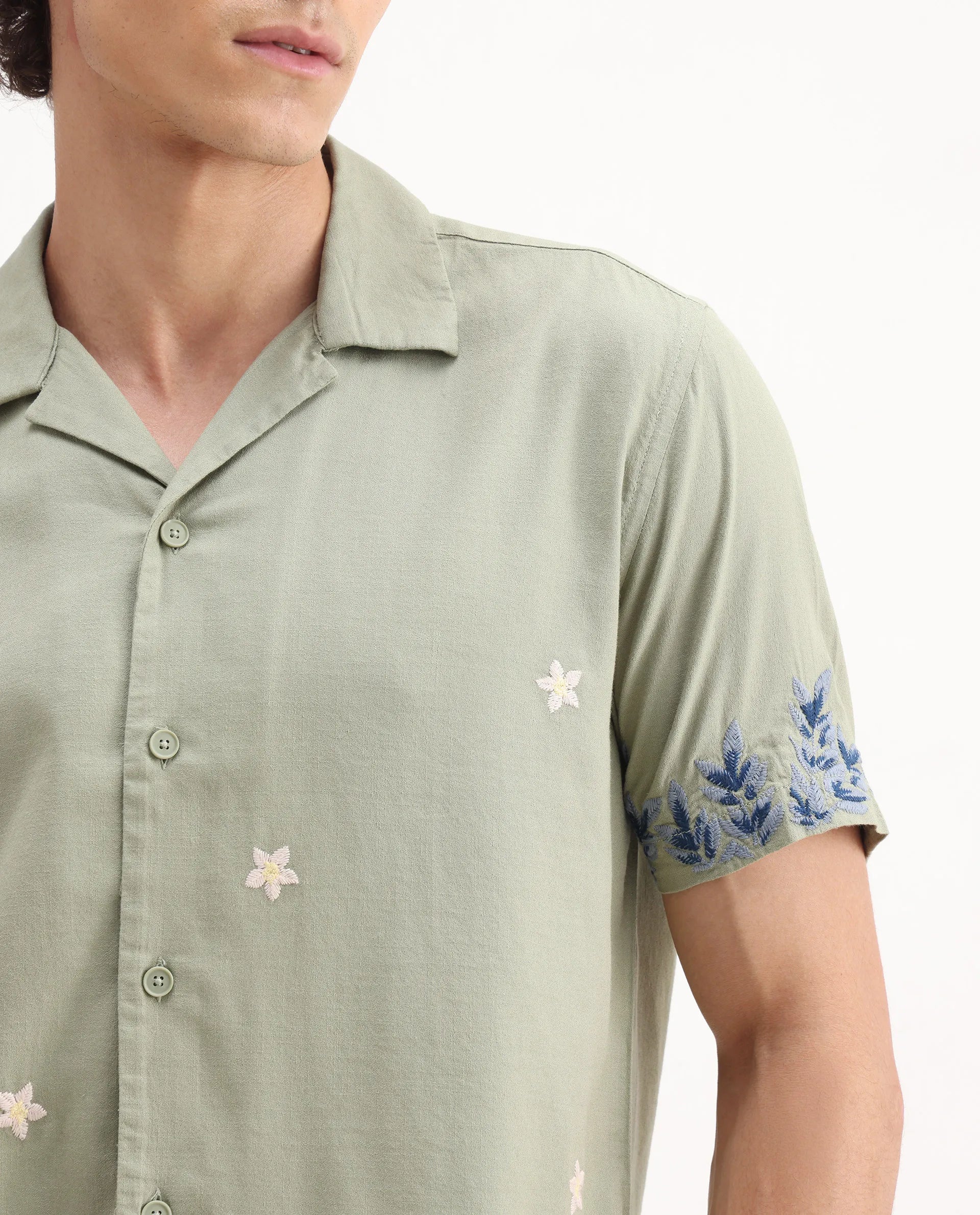 Rare Rabbit Men's Aria Olive Viscose Embroidered Boxy Fit Half Sleeve Cuban Collar Shirt