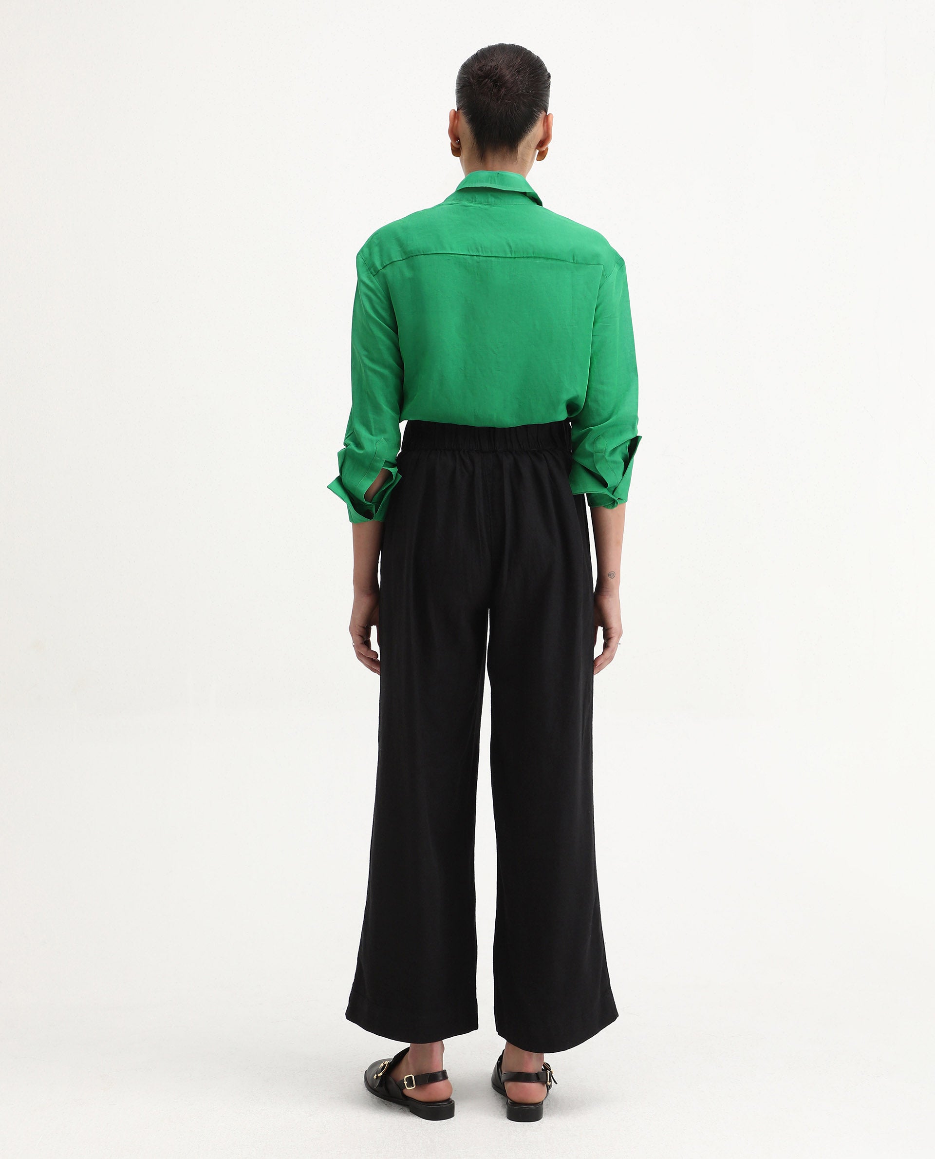 Rareism Women's Arid Black Linen Blend Plain Ankle Length Wide Trouser