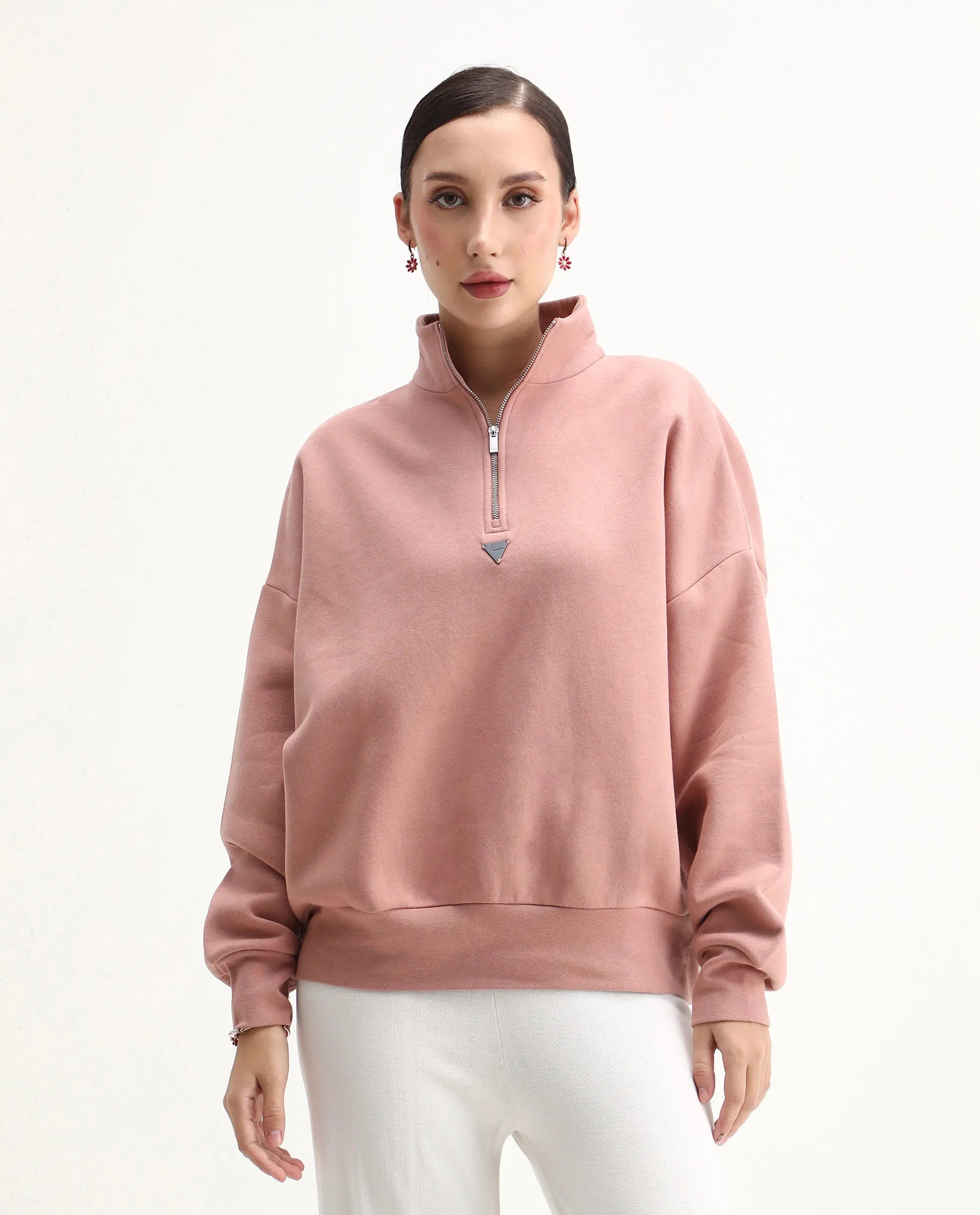 Rareism Women's Ario Dark Beige Cotton Blend Spread Collar Relaxed Fit Printed Sweatshirt