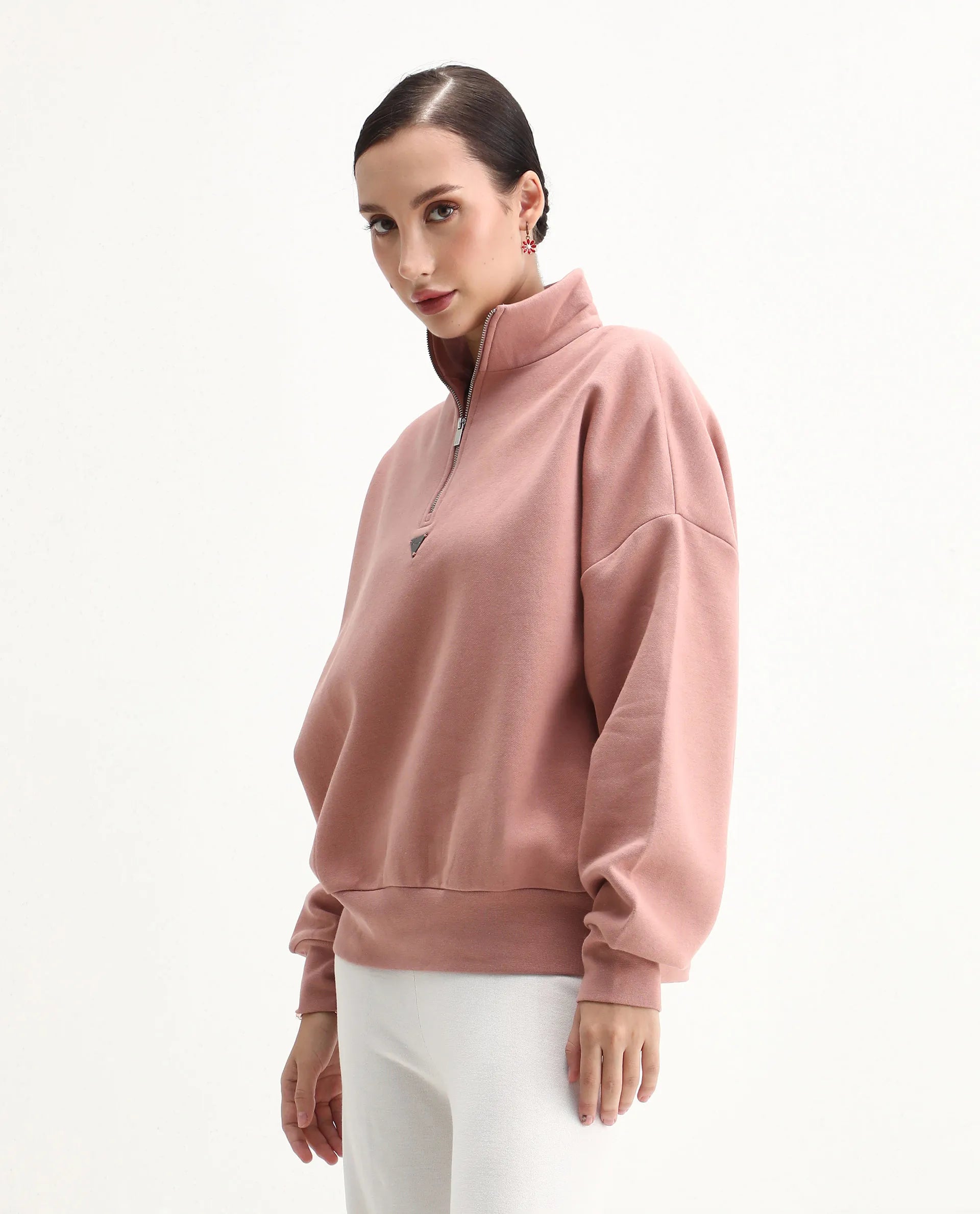 Rareism Women's Ario Dark Beige Cotton Blend Spread Collar Relaxed Fit Printed Sweatshirt