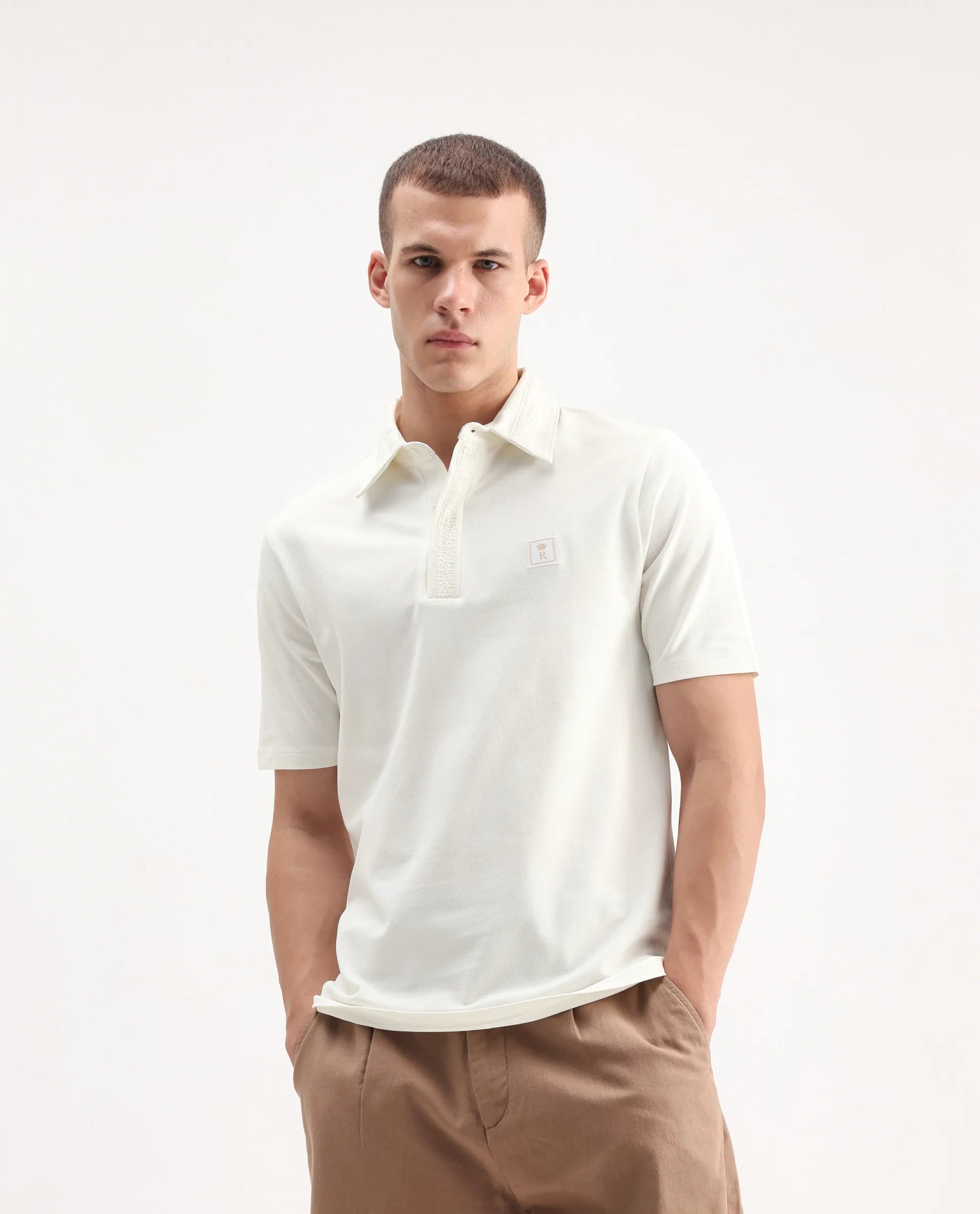 Rare Rabbit Men's Ariolo White Cotton Blend Plain Regular Fit Half Sleeve Polo