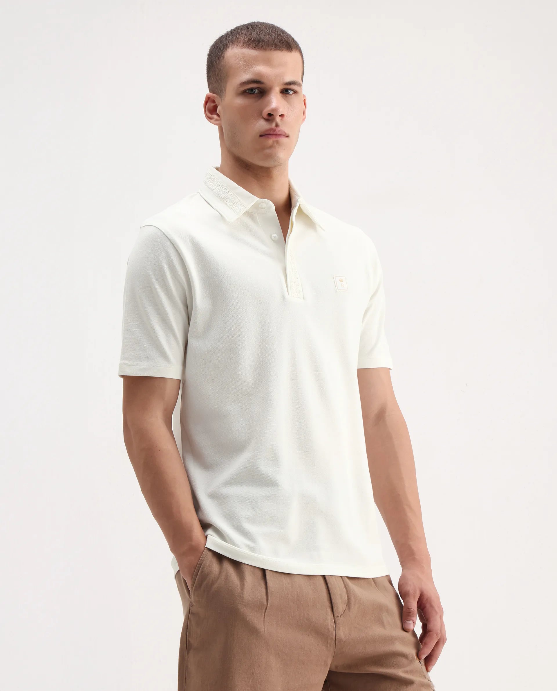 Rare Rabbit Men's Ariolo White Cotton Blend Plain Regular Fit Half Sleeve Polo