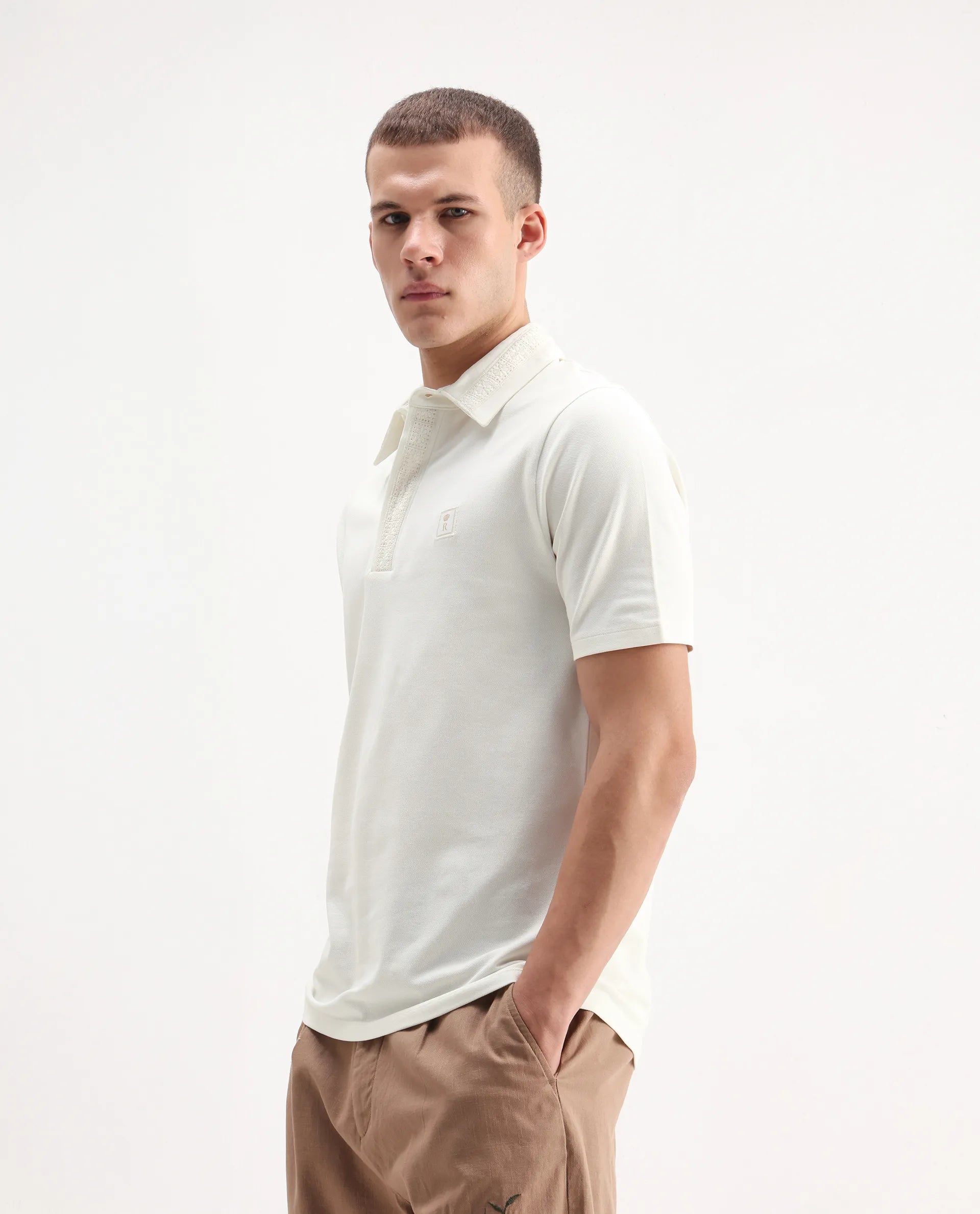 Rare Rabbit Men's Ariolo White Cotton Blend Plain Regular Fit Half Sleeve Polo