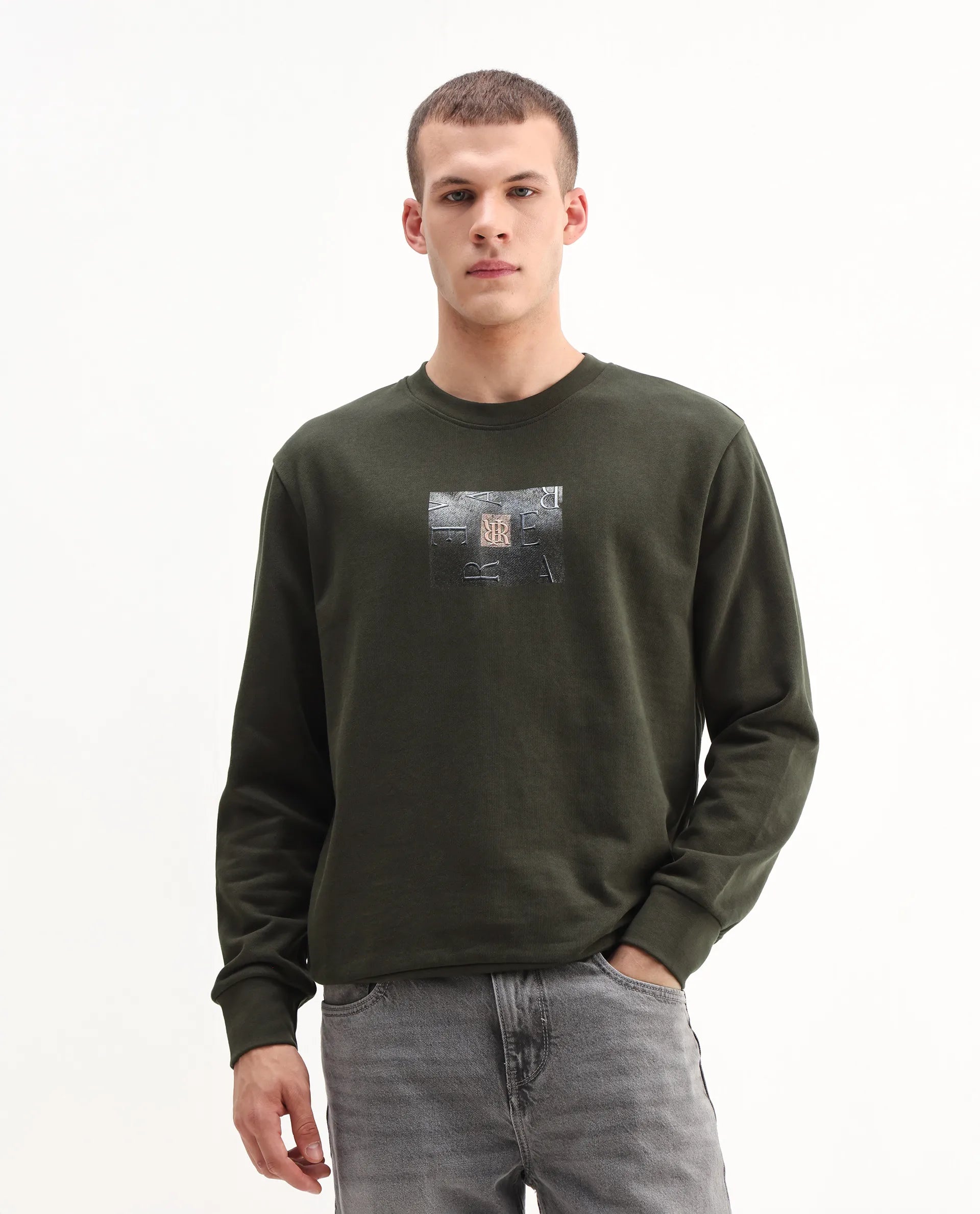 Rare Rabbit Men's Arion Dark Olive Rayon Blend Hd Print Relaxed Fit Full Sleeve Crew Neck Sweatshirt