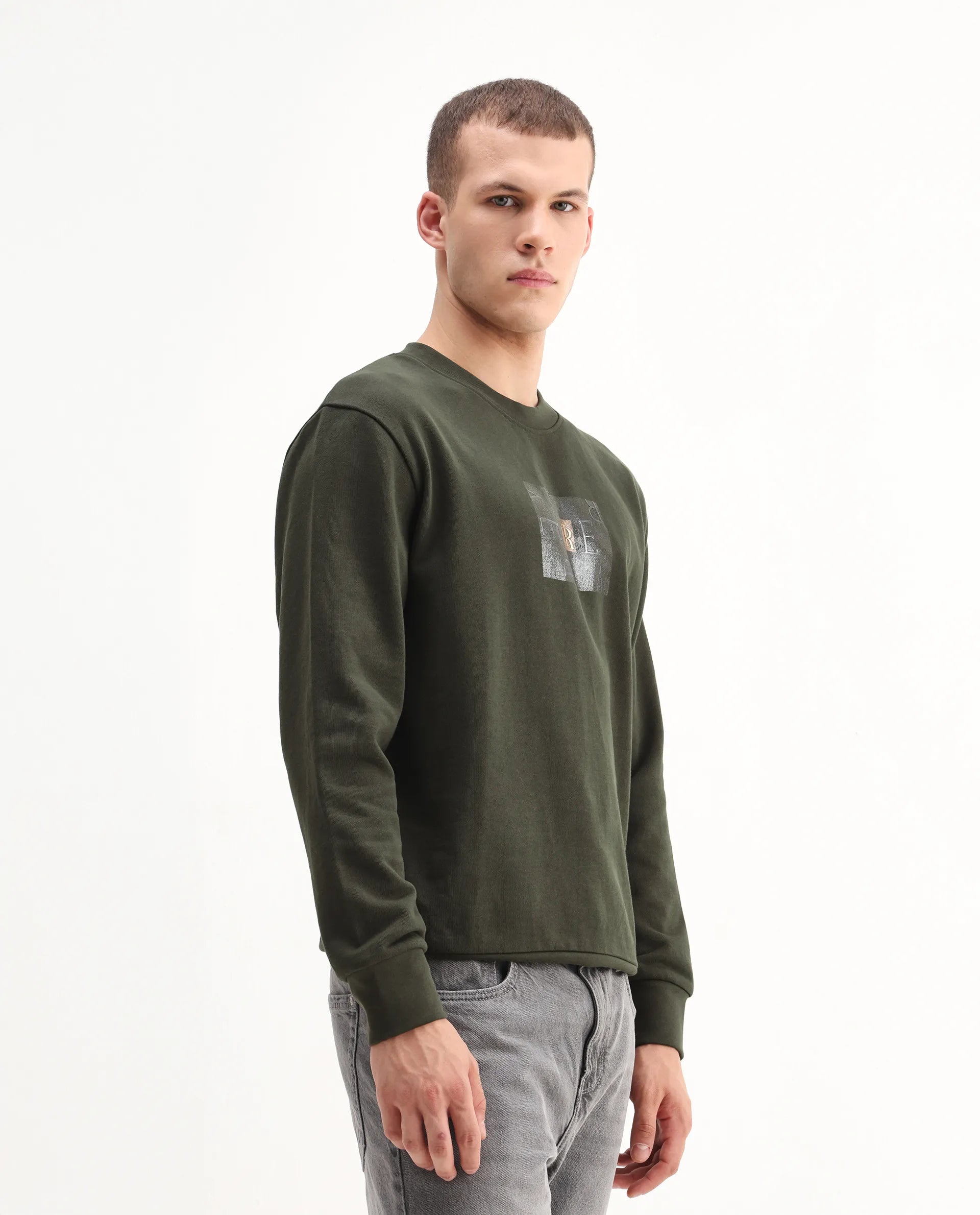 Rare Rabbit Men's Arion Dark Olive Rayon Blend Hd Print Relaxed Fit Full Sleeve Crew Neck Sweatshirt