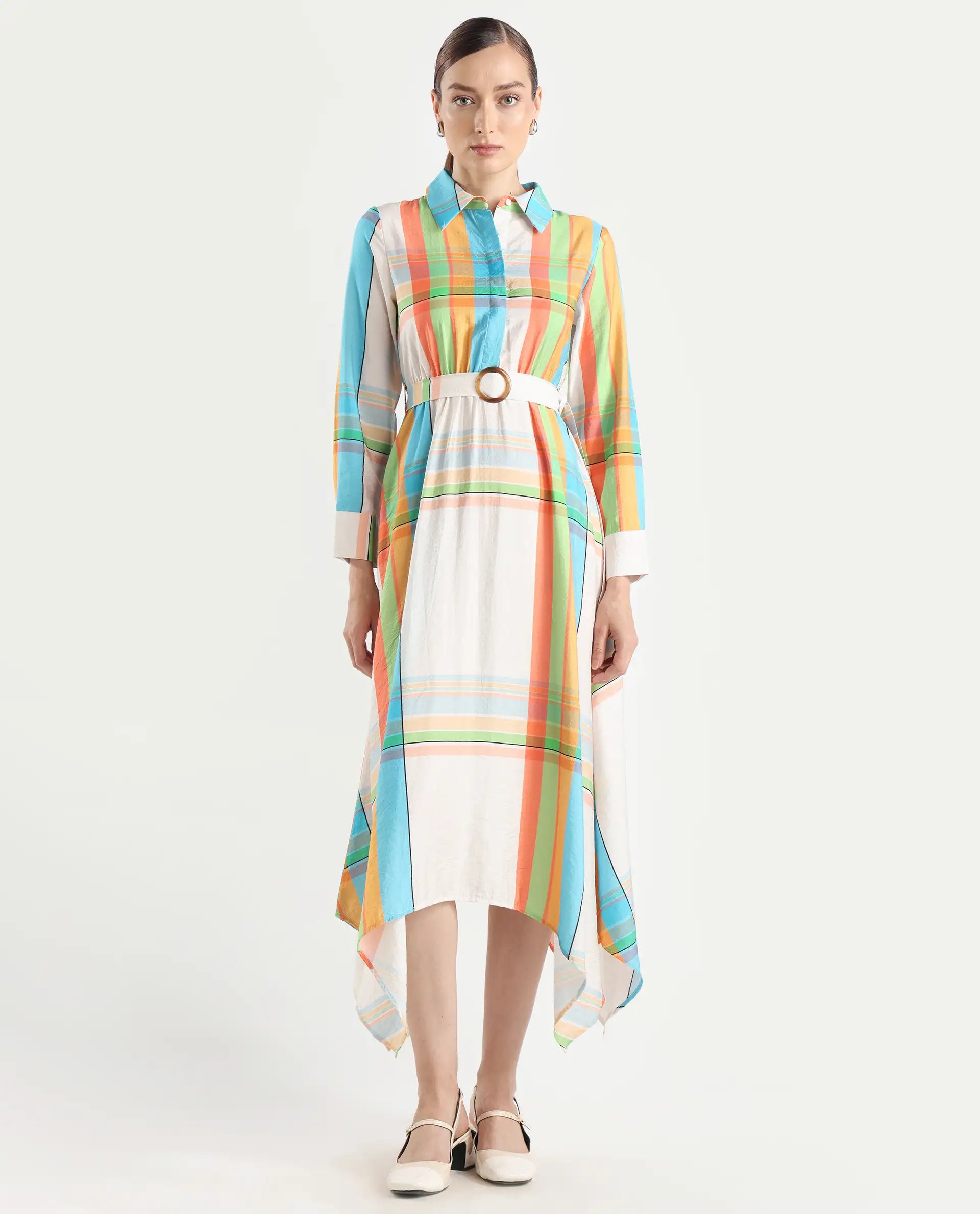 Rareism Women's Ariska Multi Cotton Blend Drop Collar Flannel Print Cuffed Sleeve Maxi Fit And Flare Dress