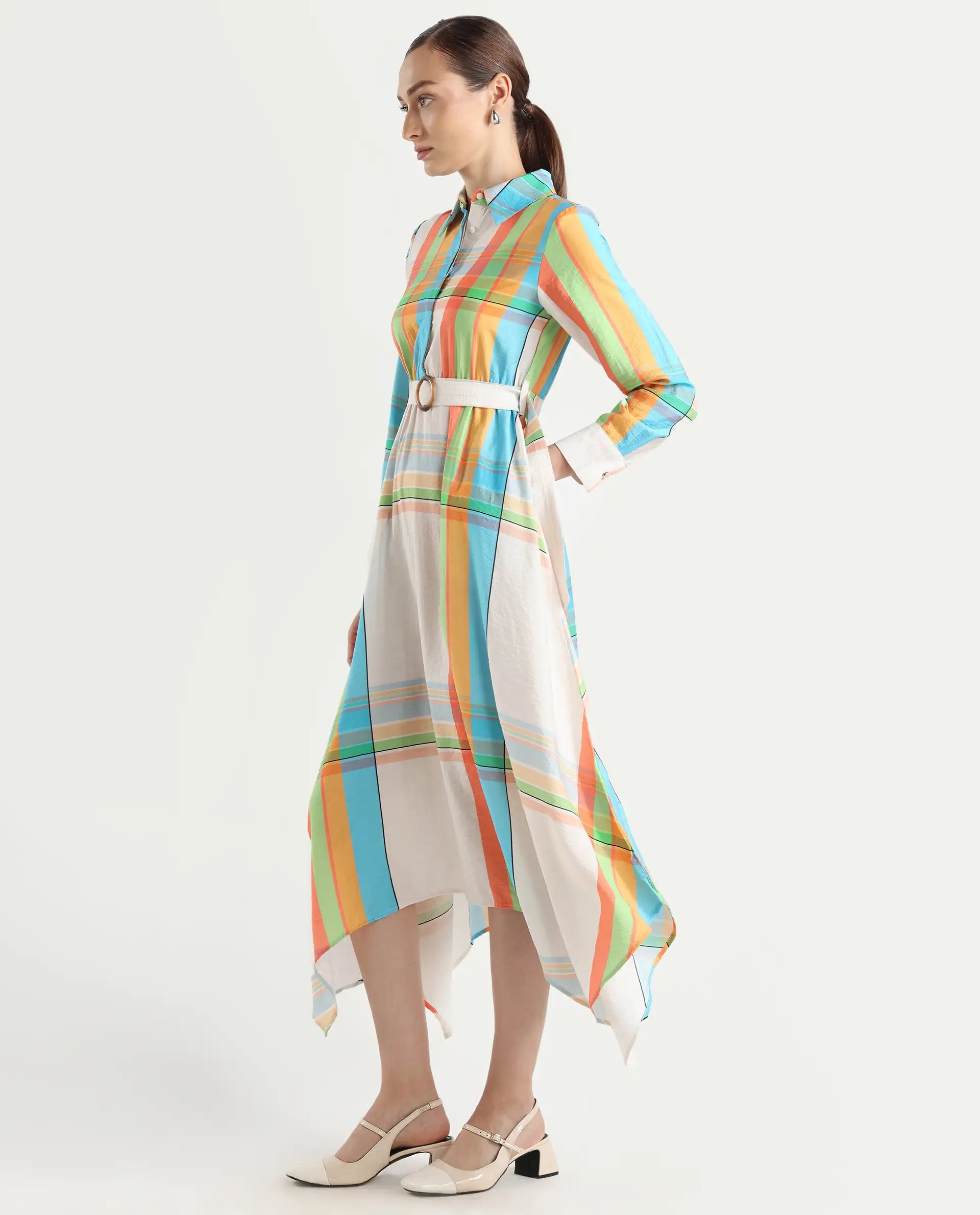 Rareism Women's Ariska Multi Cotton Blend Drop Collar Flannel Print Cuffed Sleeve Maxi Fit And Flare Dress