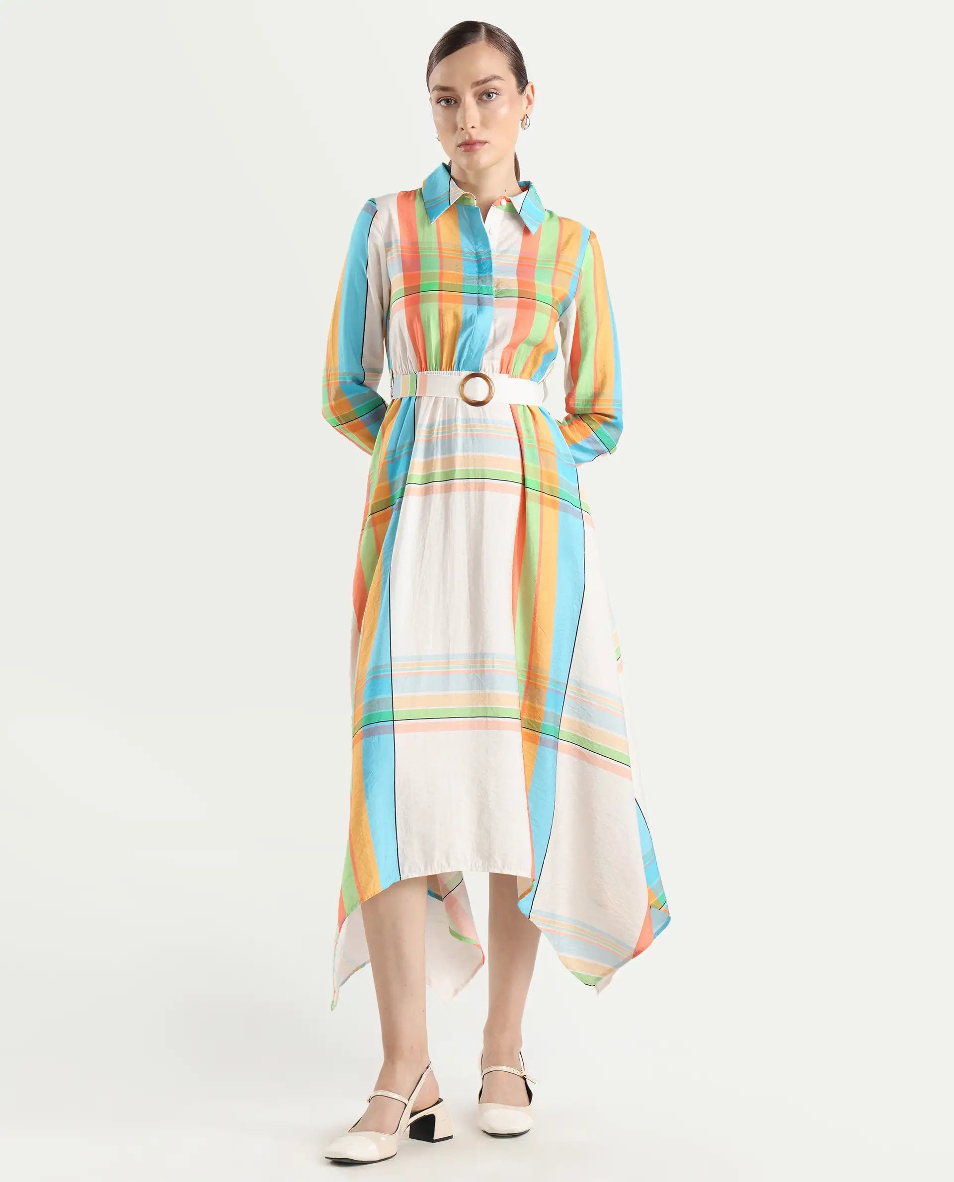 Rareism Women's Ariska Multi Cotton Blend Drop Collar Flannel Print Cuffed Sleeve Maxi Fit And Flare Dress