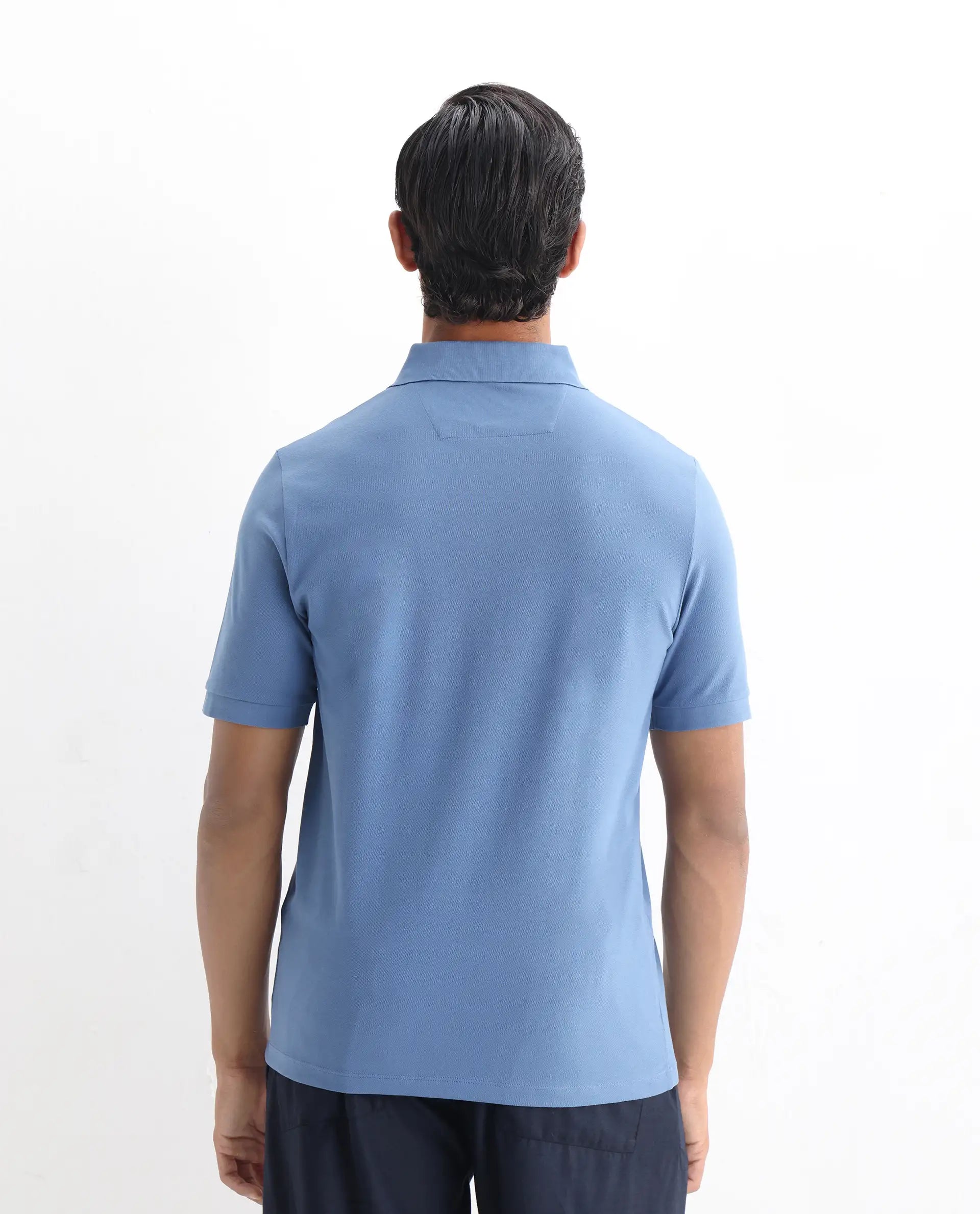 Rare Rabbit Men's Arko Blue Cotton Plain Regular Fit Half Sleeve Polo
