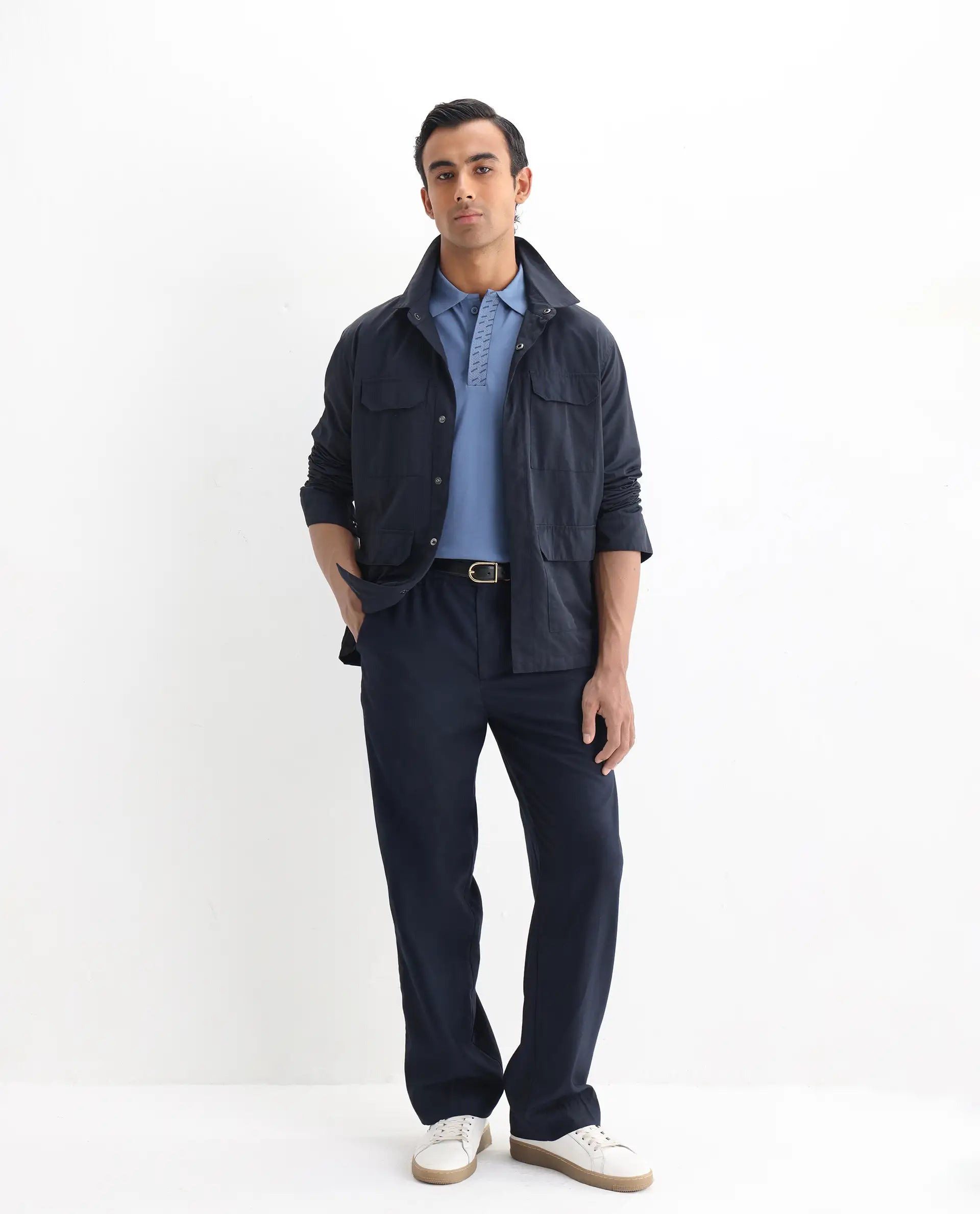 Rare Rabbit Men's Arko Blue Cotton Plain Regular Fit Half Sleeve Polo