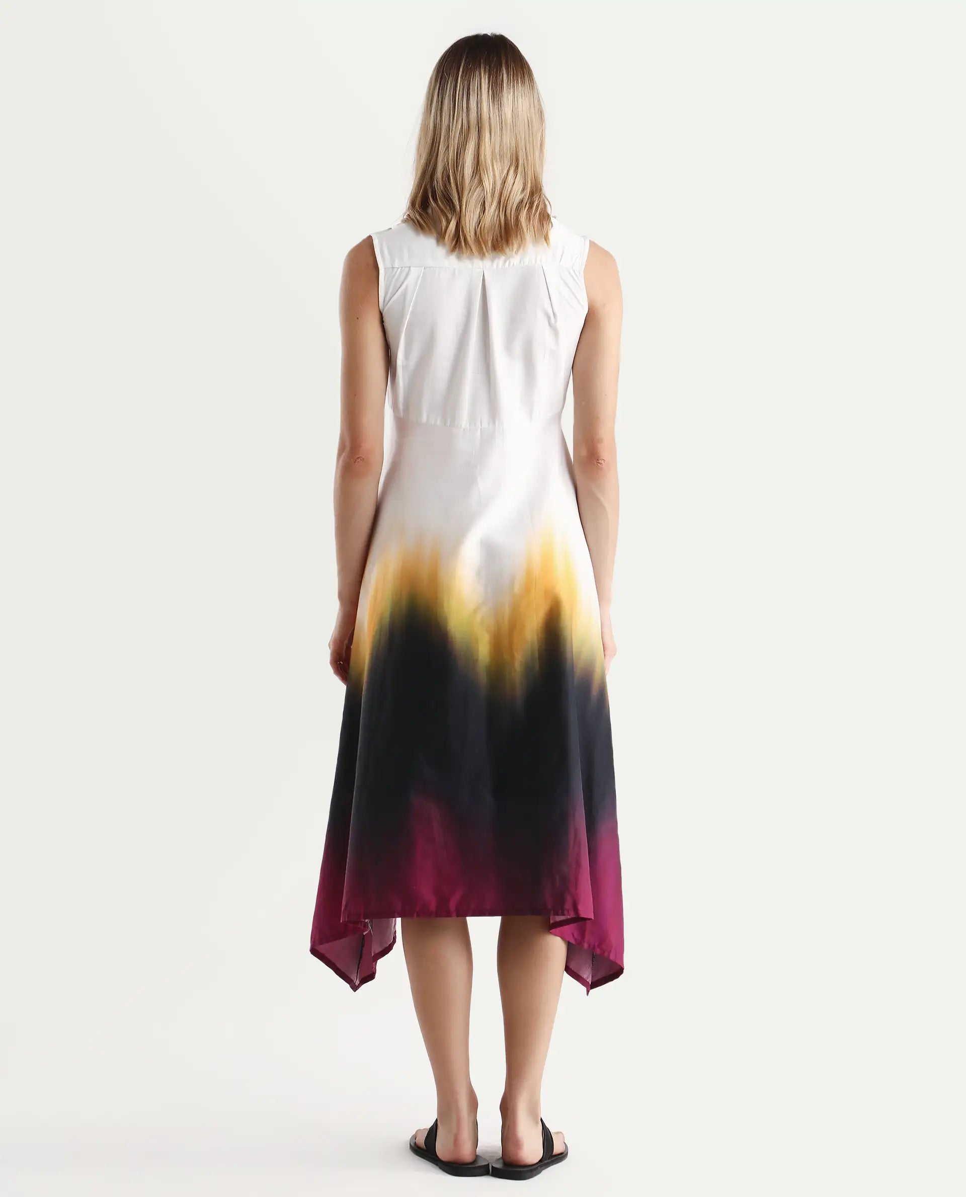 Rareism Women's Armenian Multi Cotton Blend V-Neck Ombre Sleeveless Midi Flared Dress