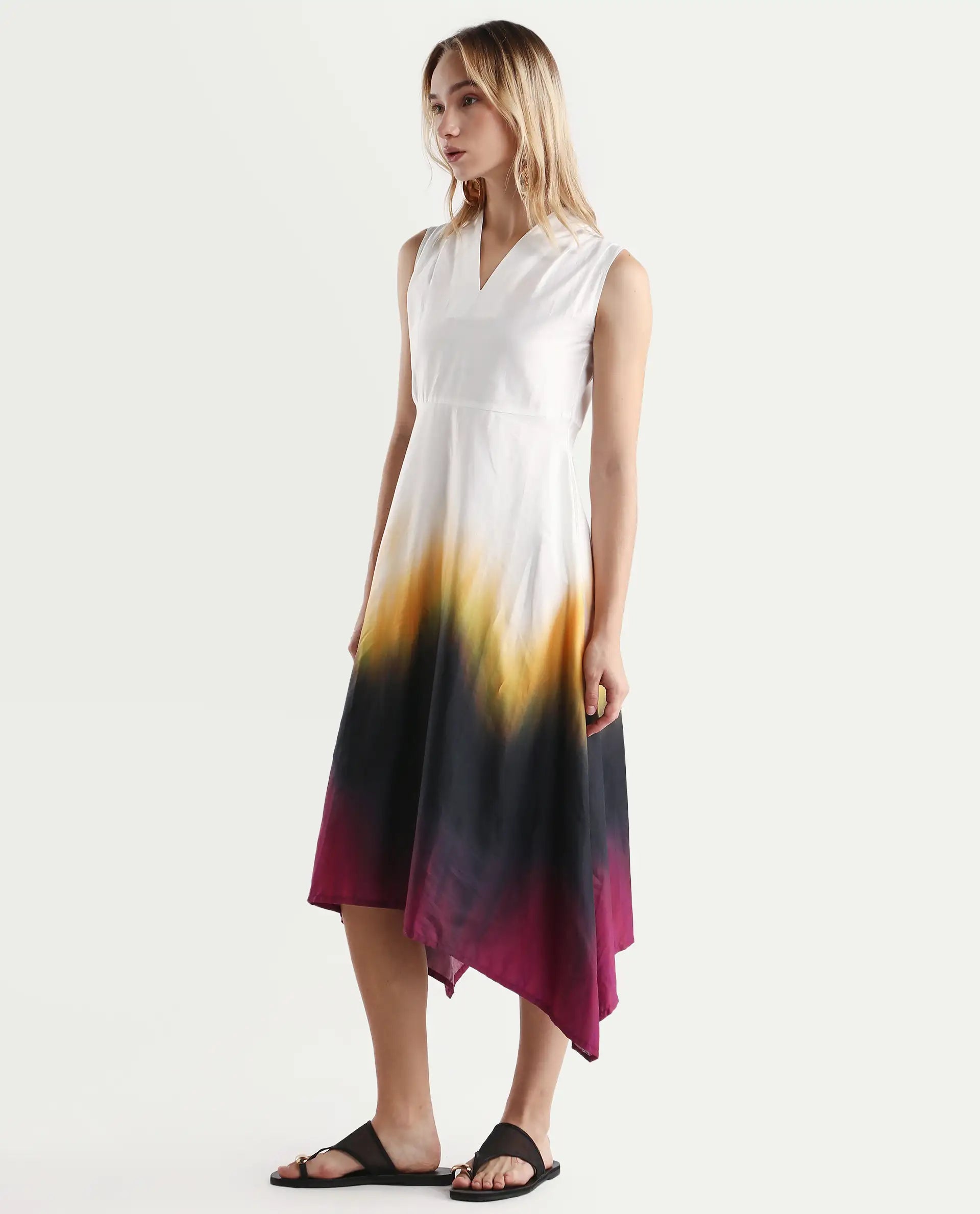 Rareism Women's Armenian Multi Cotton Blend V-Neck Ombre Sleeveless Midi Flared Dress