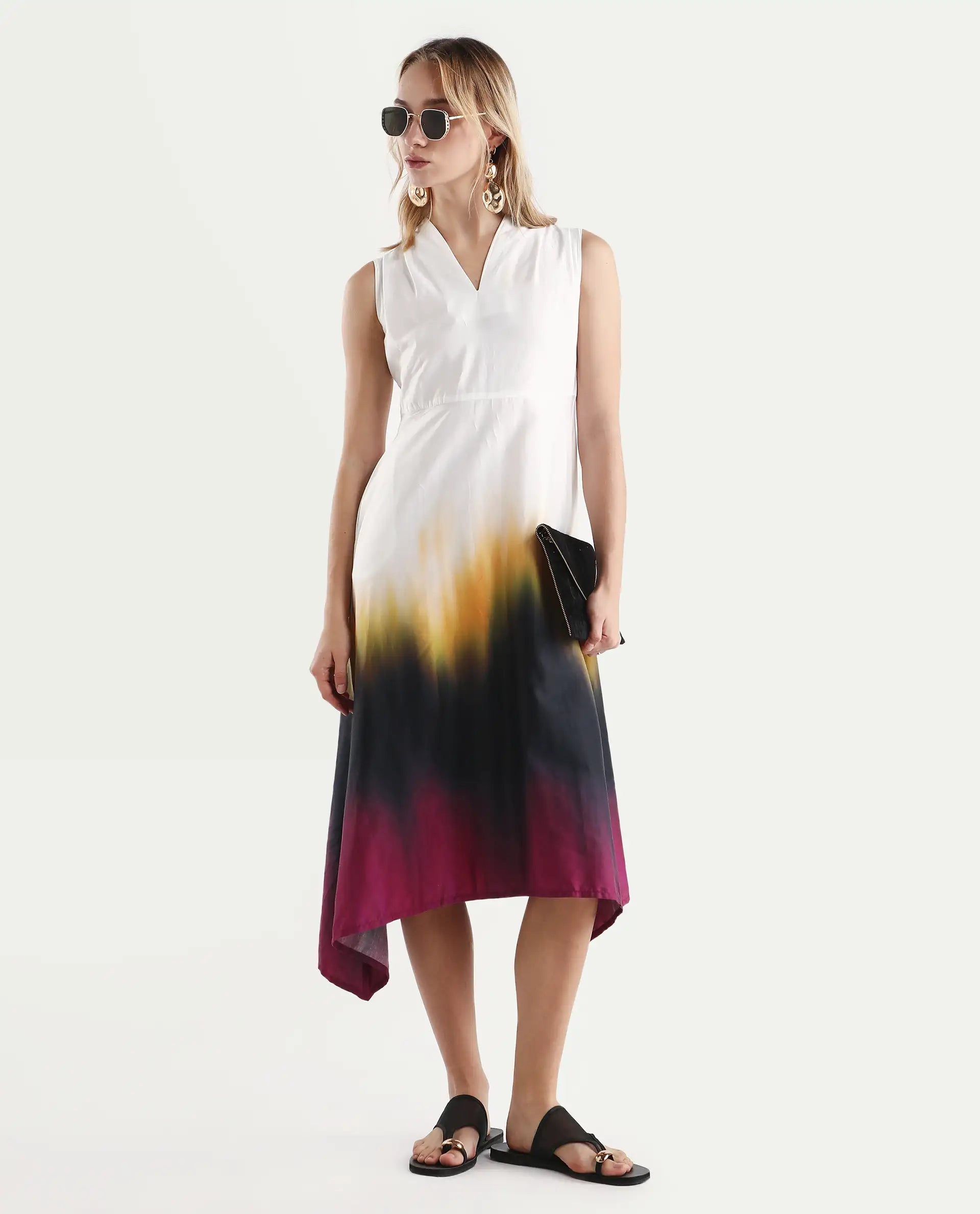 Rareism Women's Armenian Multi Cotton Blend V-Neck Ombre Sleeveless Midi Flared Dress