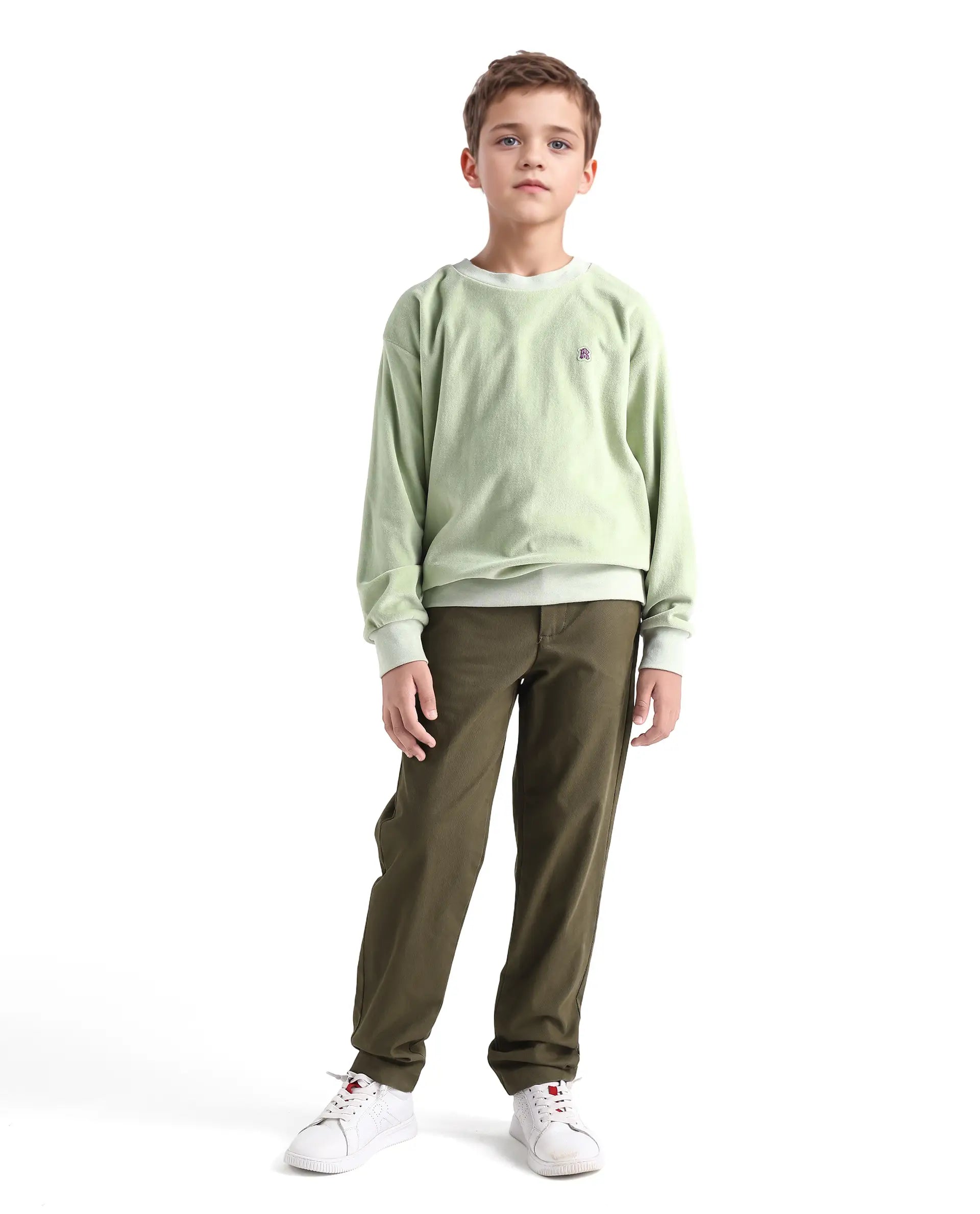 Rare Ones Kids Arne-K Olive Cotton Blend Solid Button Closure Regular Fit Trouser