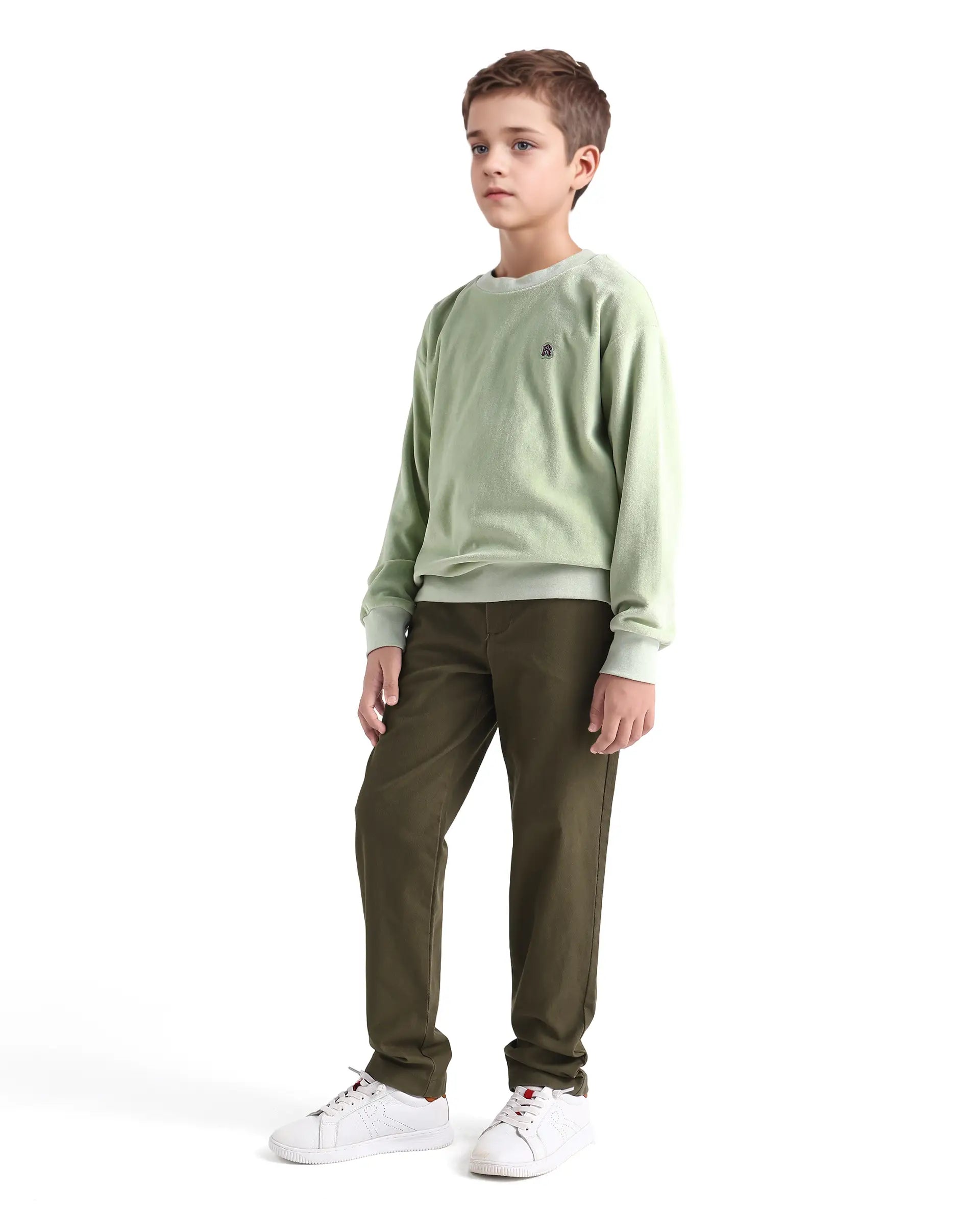 Rare Ones Kids Arne-K Olive Cotton Blend Solid Button Closure Regular Fit Trouser