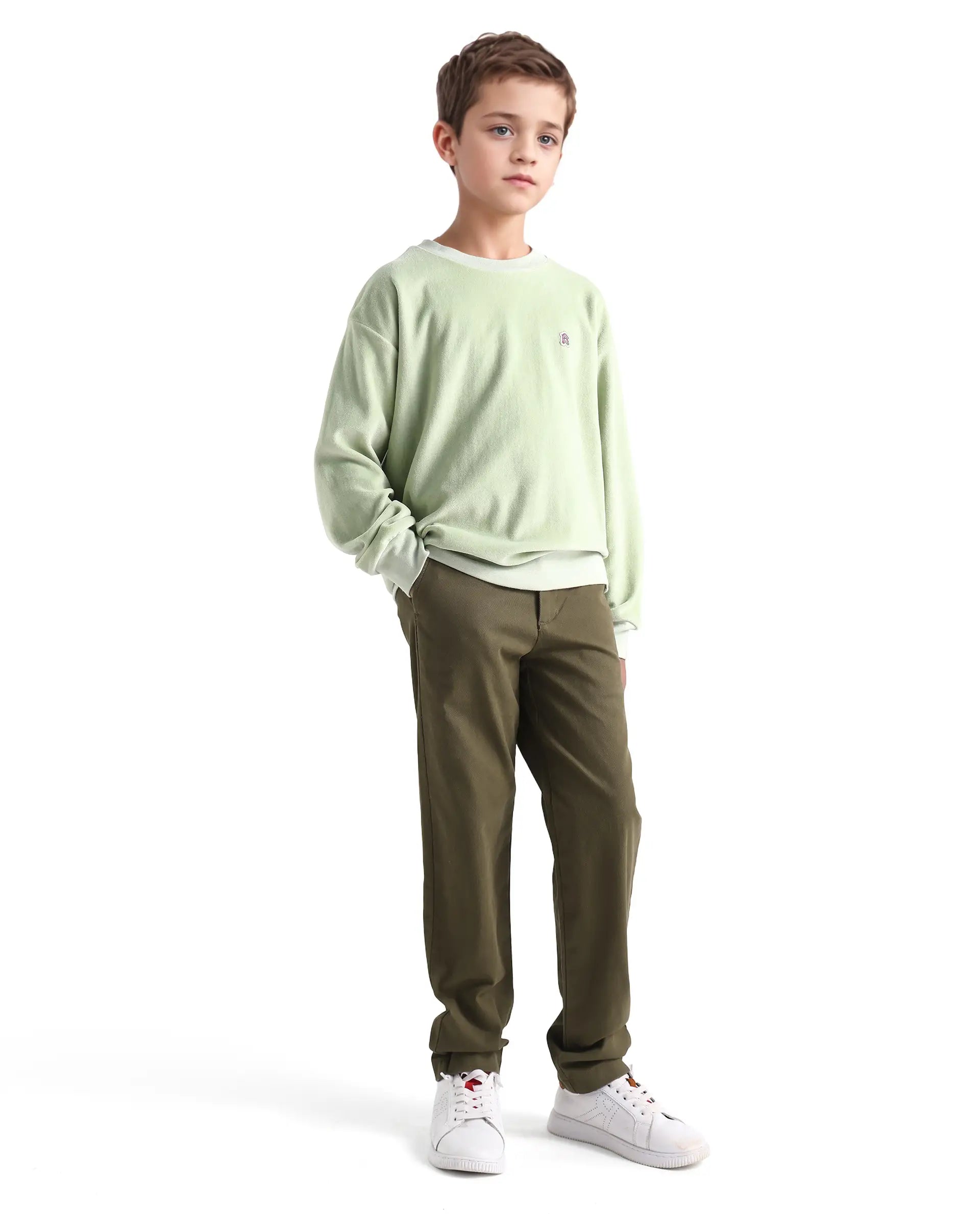 Rare Ones Kids Arne-K Olive Cotton Blend Solid Button Closure Regular Fit Trouser