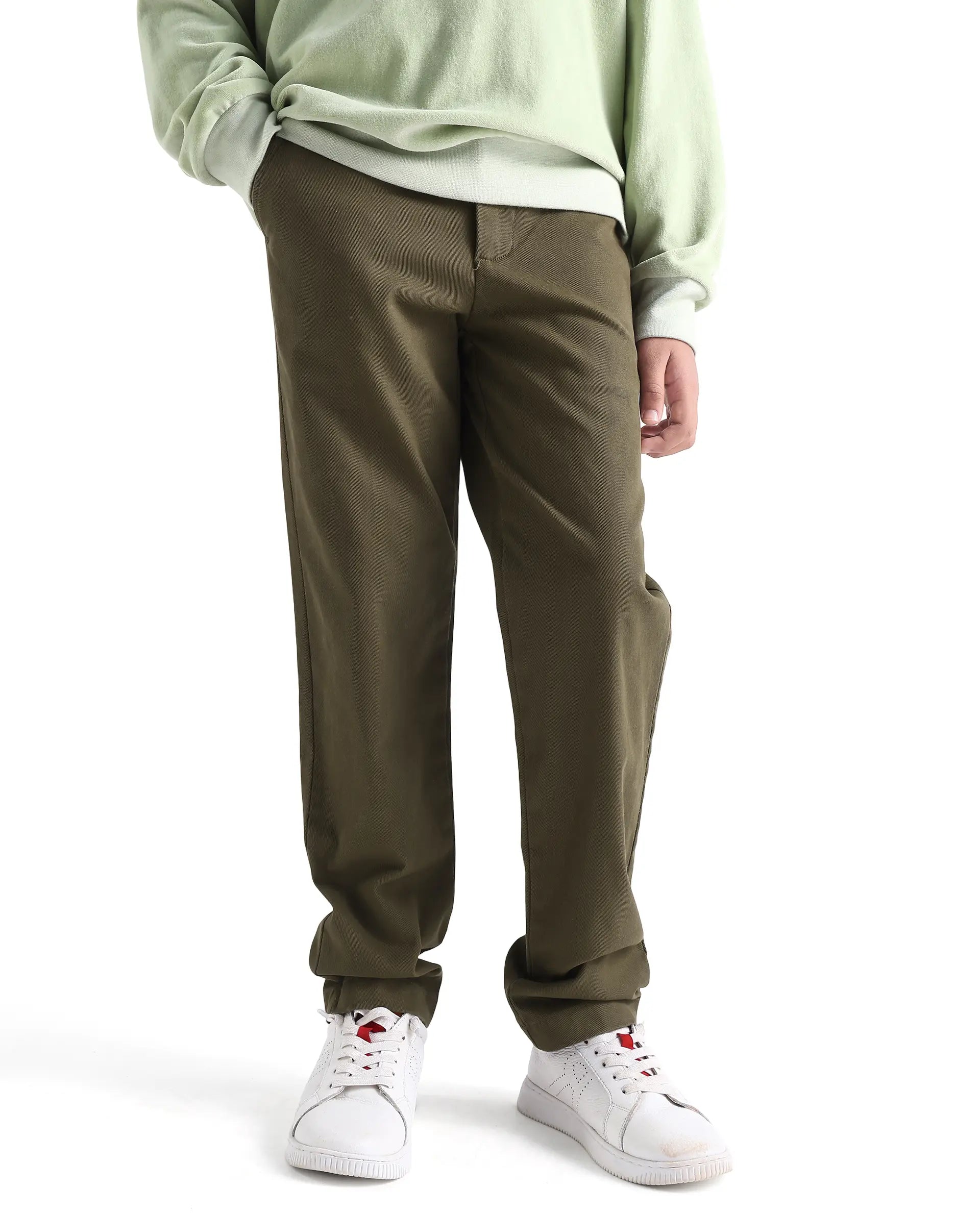 Rare Ones Kids Arne-K Olive Cotton Blend Solid Button Closure Regular Fit Trouser