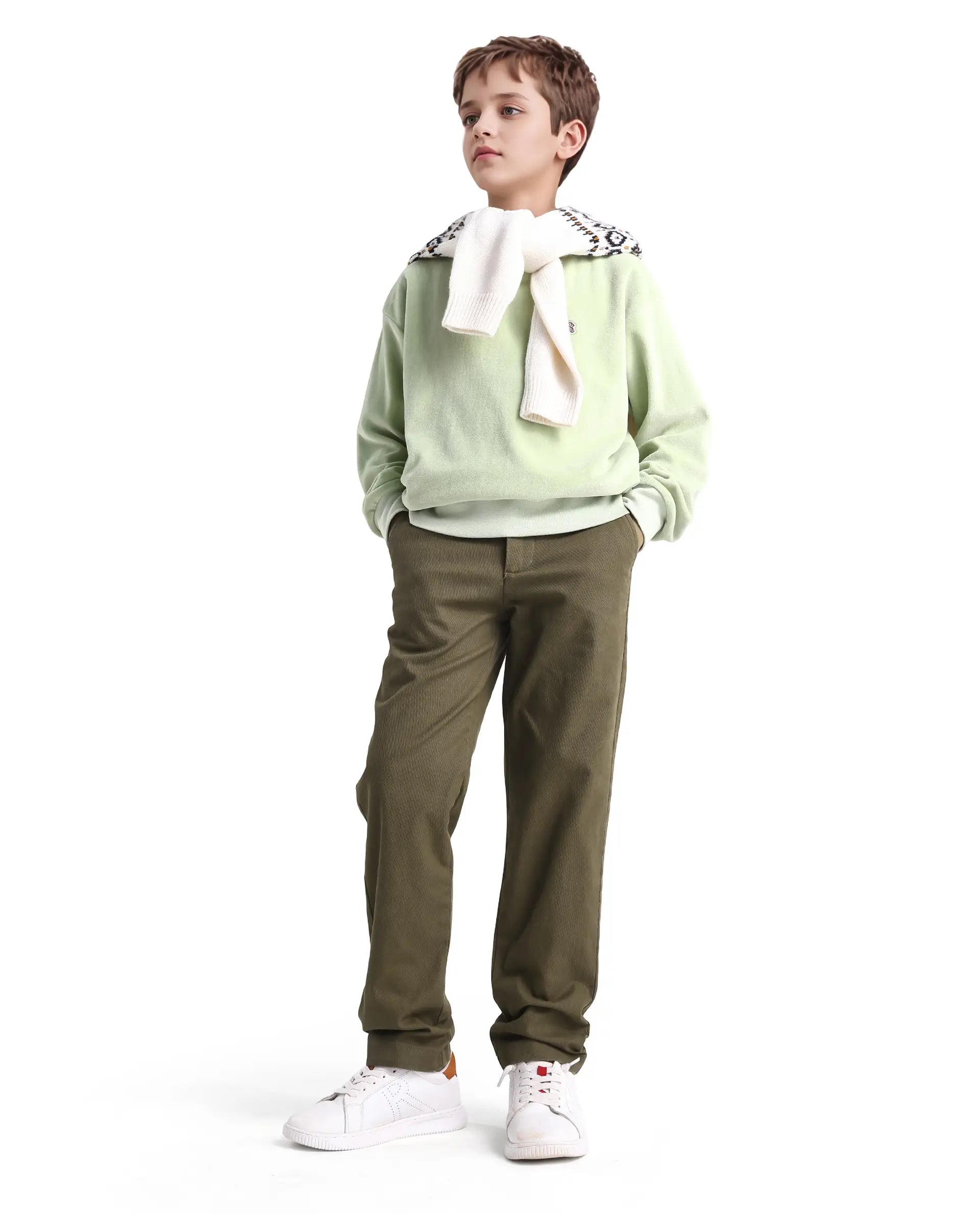 Rare Ones Kids Arne-K Olive Cotton Blend Solid Button Closure Regular Fit Trouser