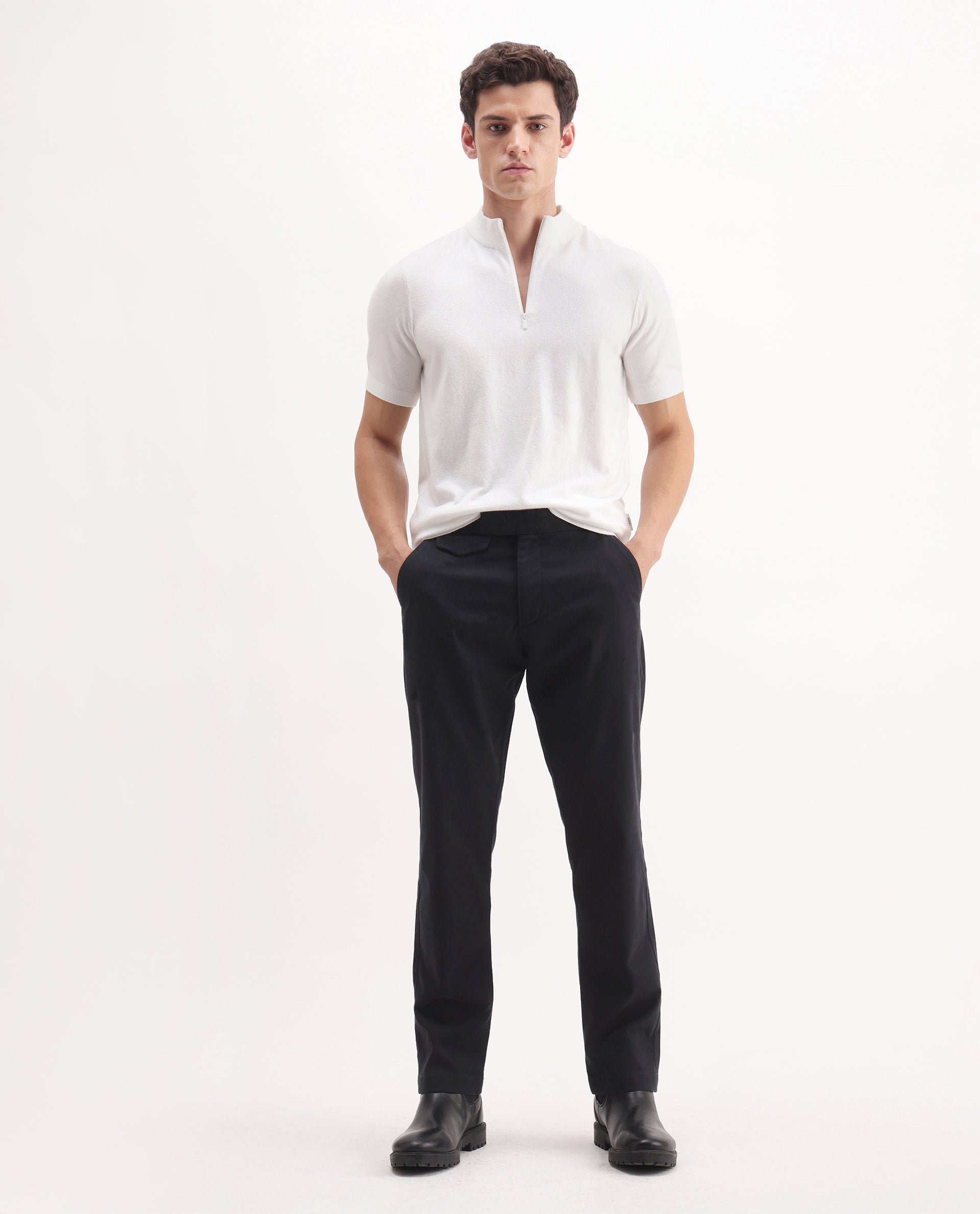 Rare Rabbit Men's Arne Black Cotton Blend Plain Regular Fit Trouser