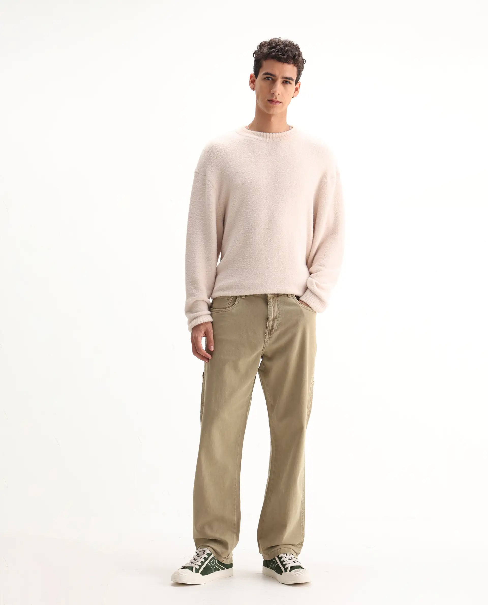 Rare Rabbit Men's Arni Khaki Cotton Plain Relaxed Fit Jeans