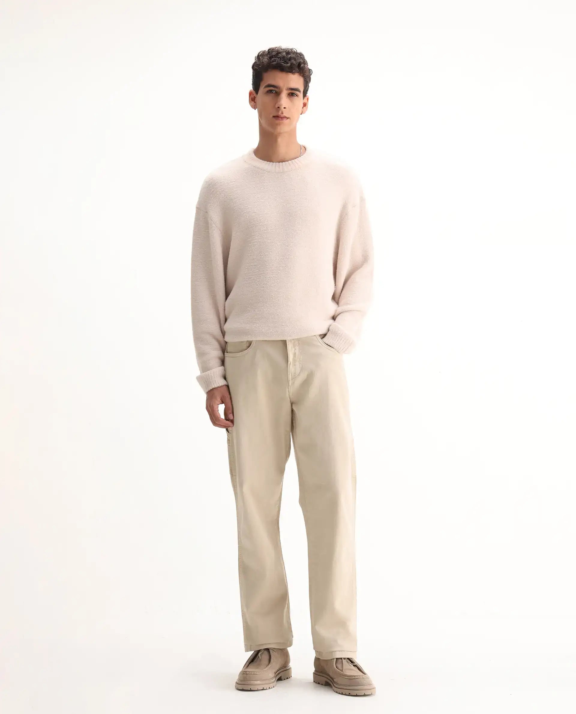 Rare Rabbit Men's Arni Off White Cotton Plain Relaxed Fit Jeans