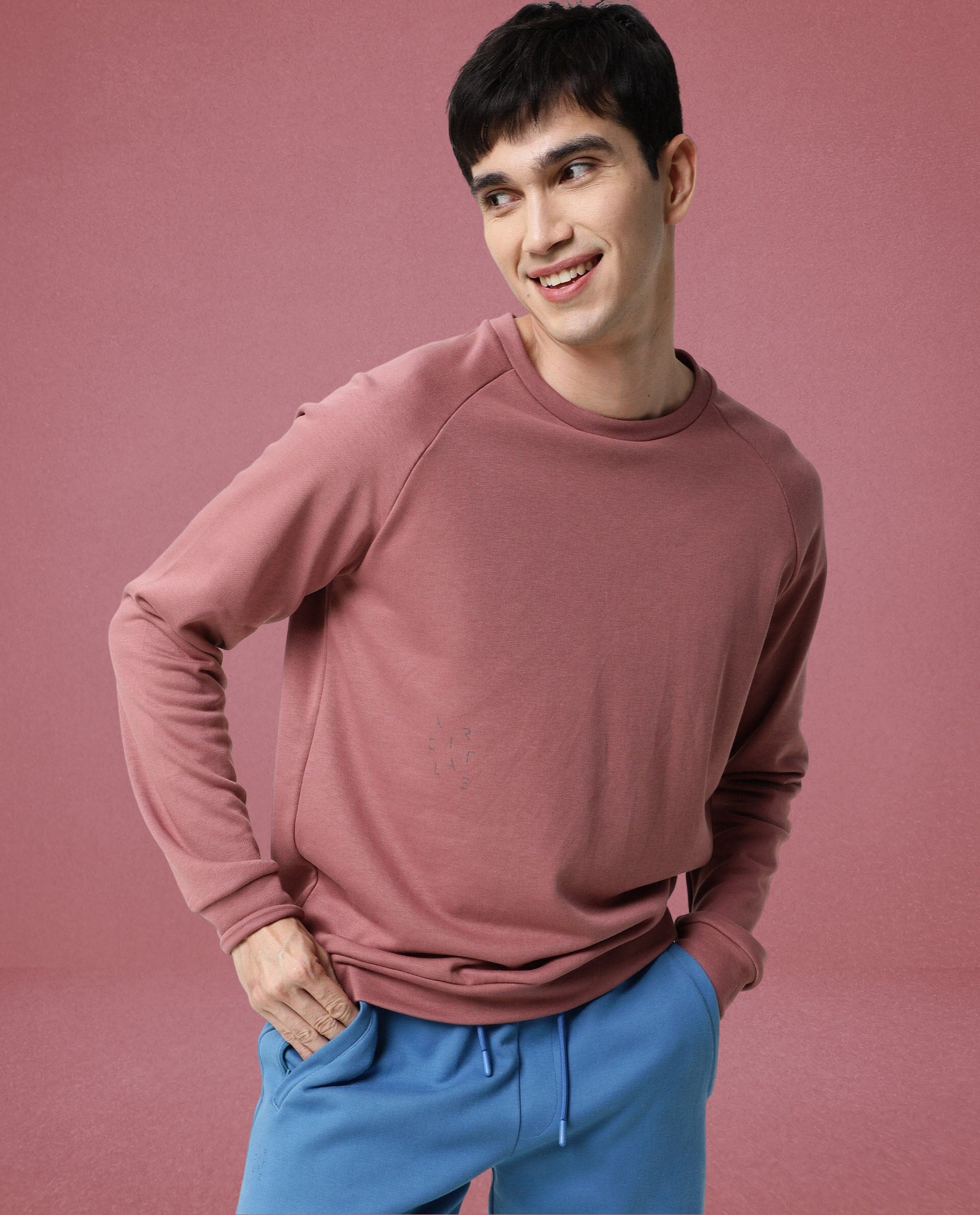Rare Rabbit Articale Men's Arum Clay Pink Cotton Fabric Full Sleeves Solid Sweatshirt