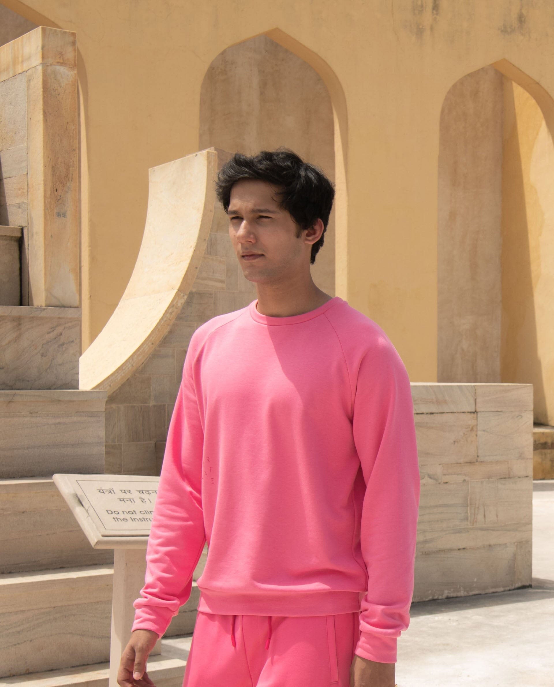 Rare Rabbit Articale Men's Arum Flame Pink Cotton Fabric Full Sleeves Solid Sweatshirt