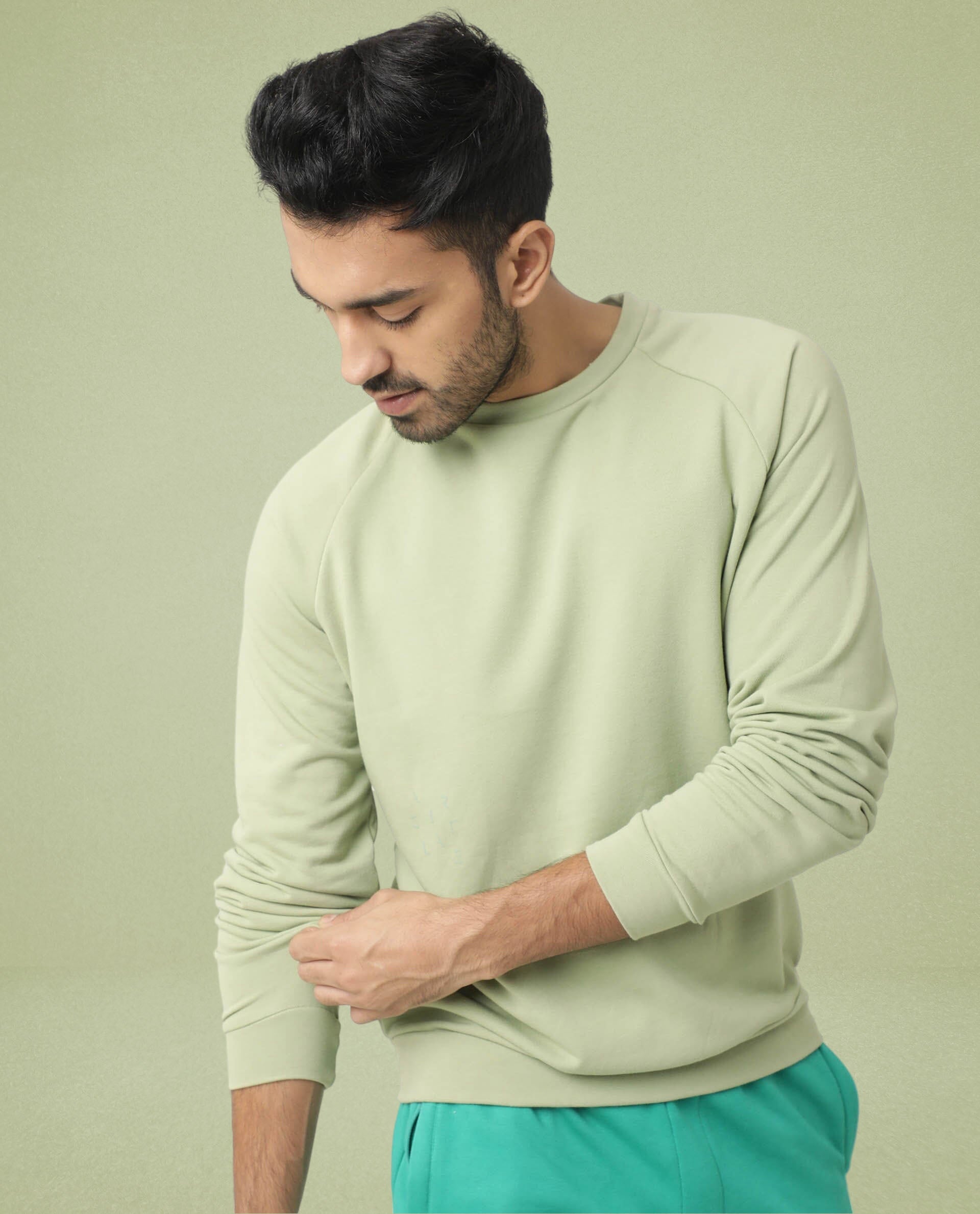 Rare Rabbit Articale Men's Arum Cardamom Green Cotton Fabric Full Sleeves Solid Sweatshirt