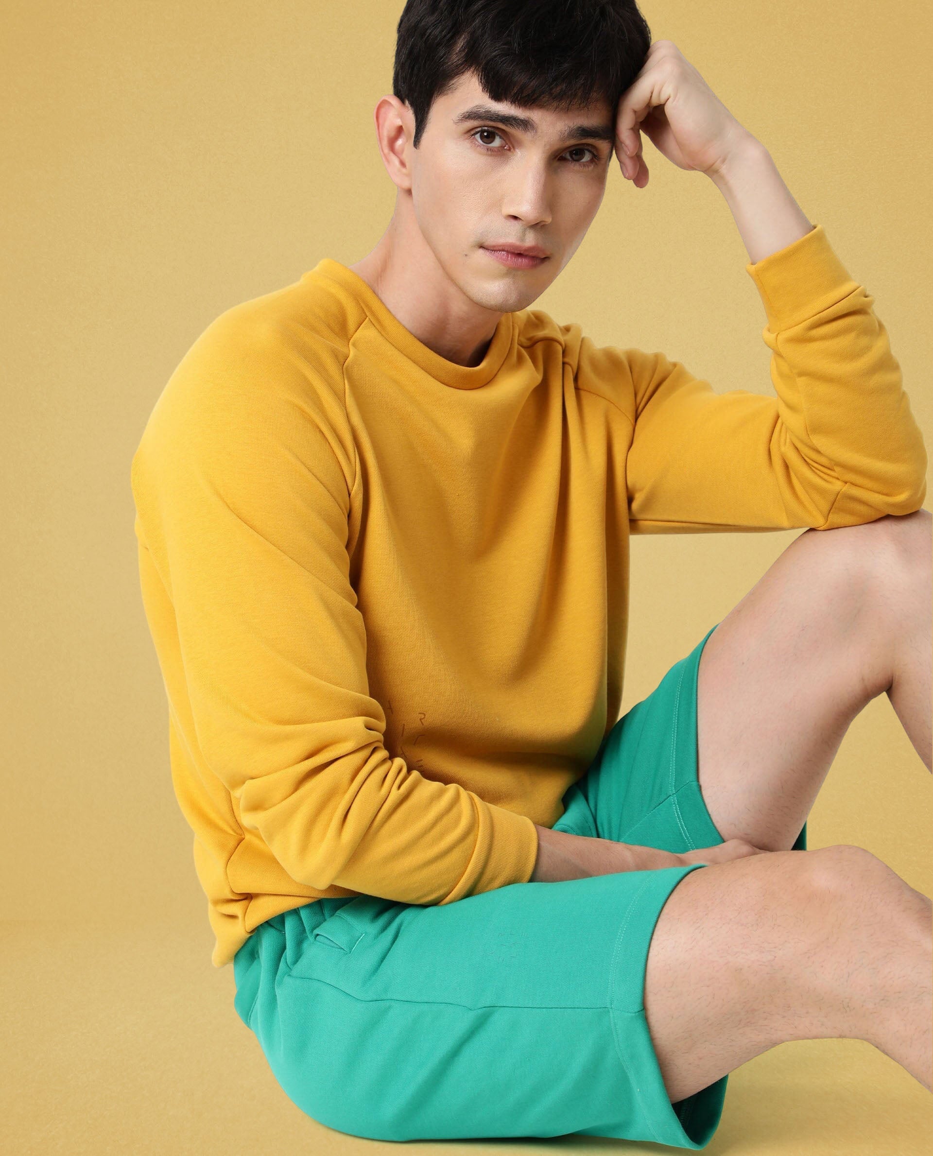 Rare Rabbit Articale Men's Arum French Mustard Cotton Fabric Full Sleeves Solid Sweatshirt