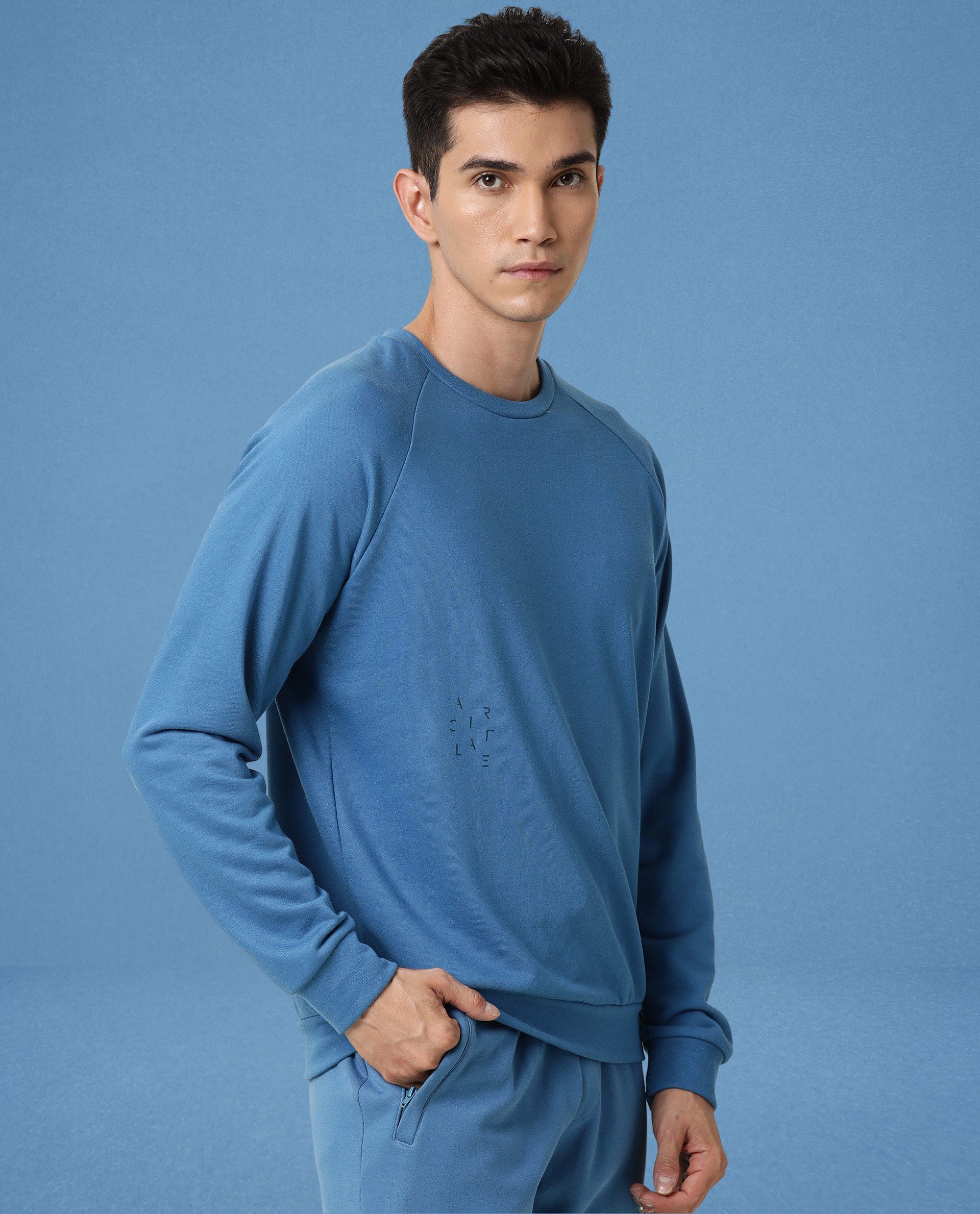 Rare Rabbit Articale Men's Arum Enamel Blue Cotton Fabric Full Sleeves Solid Sweatshirt
