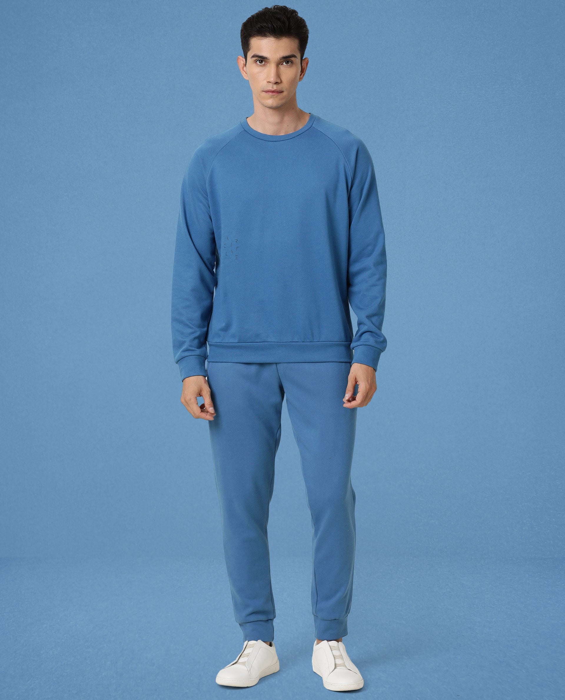 Rare Rabbit Articale Men's Arum Enamel Blue Cotton Fabric Full Sleeves Solid Sweatshirt