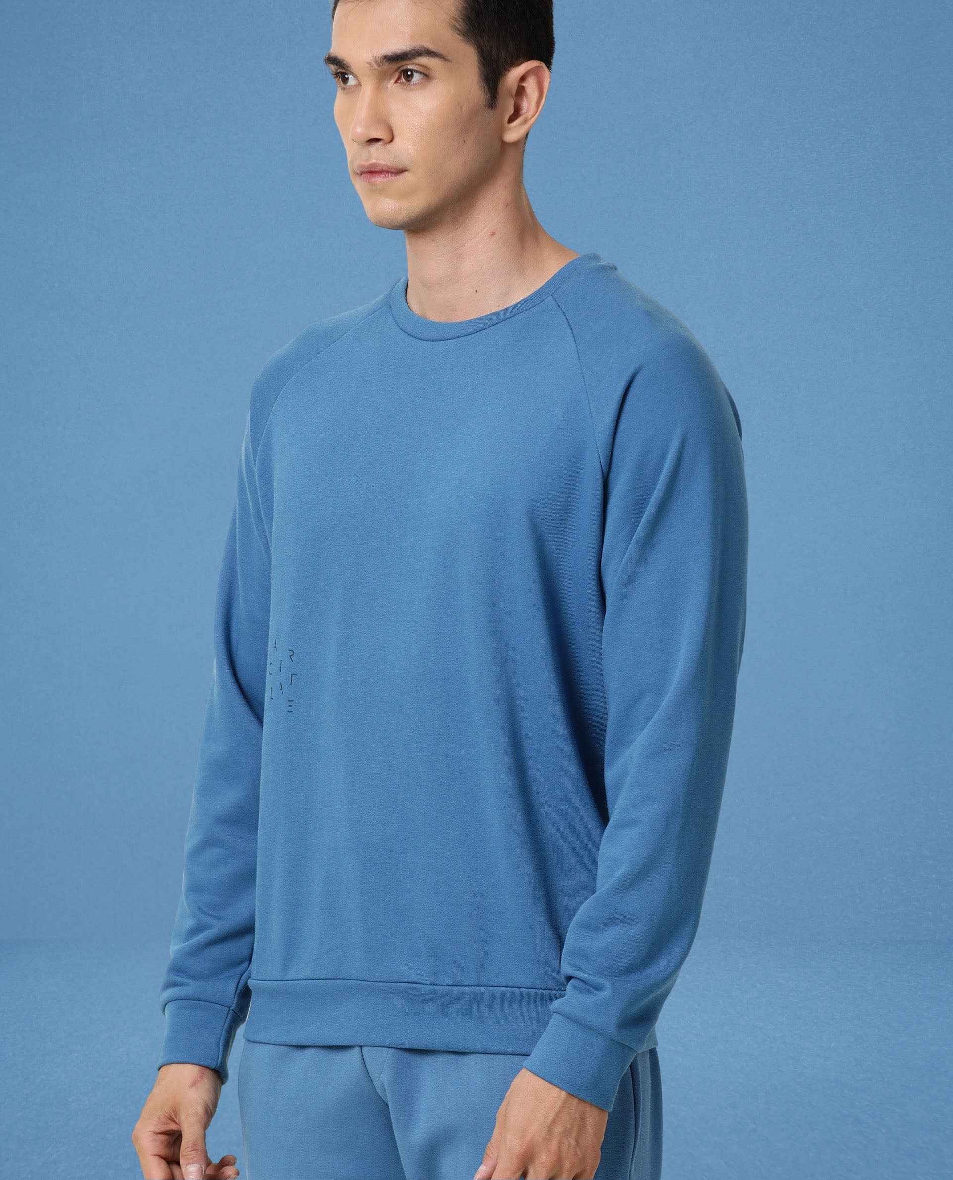 Rare Rabbit Articale Men's Arum Enamel Blue Cotton Fabric Full Sleeves Solid Sweatshirt