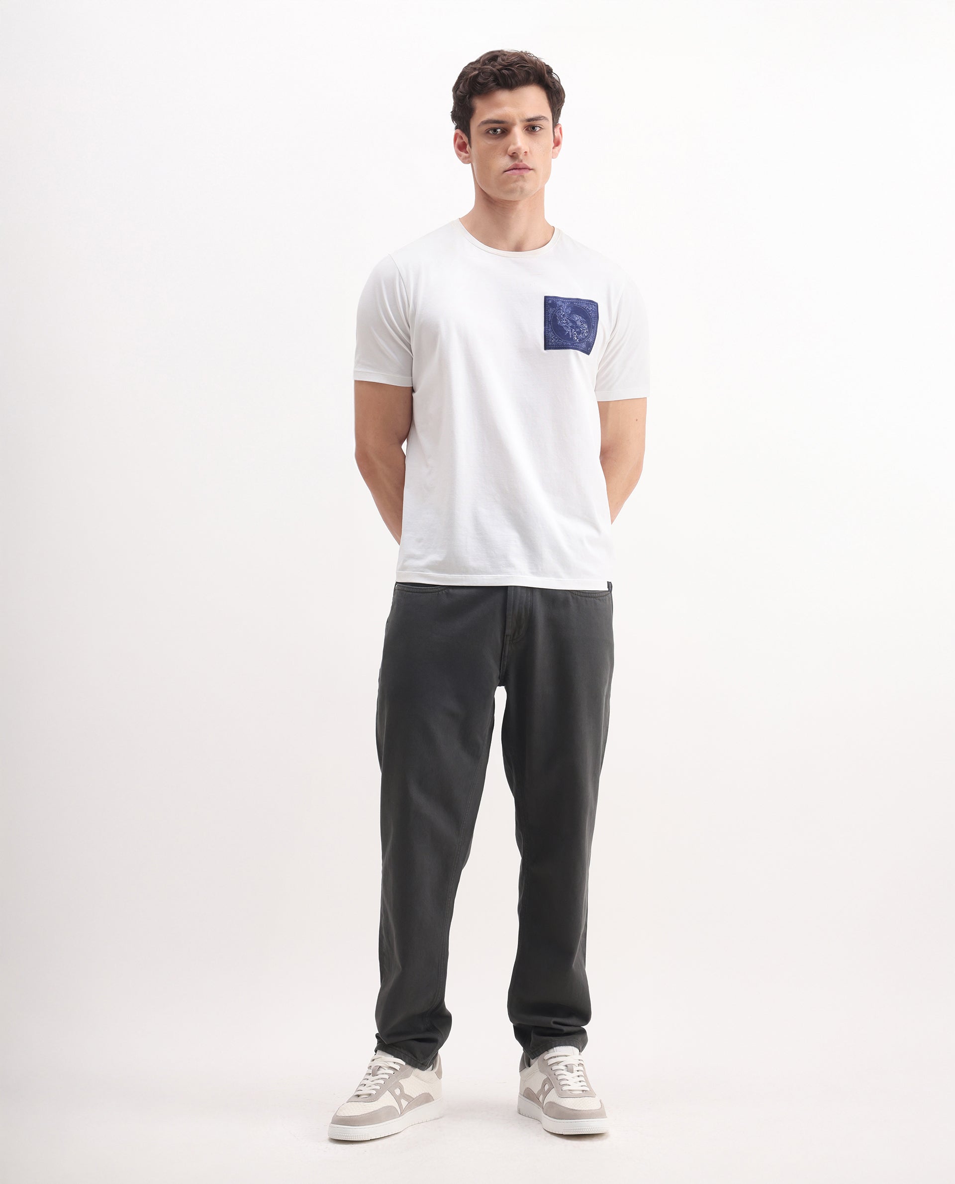 Rare Rabbit Men's Arvi-2 Dark Grey Cotton Blend Plain Dond Carrot Fit Jeans