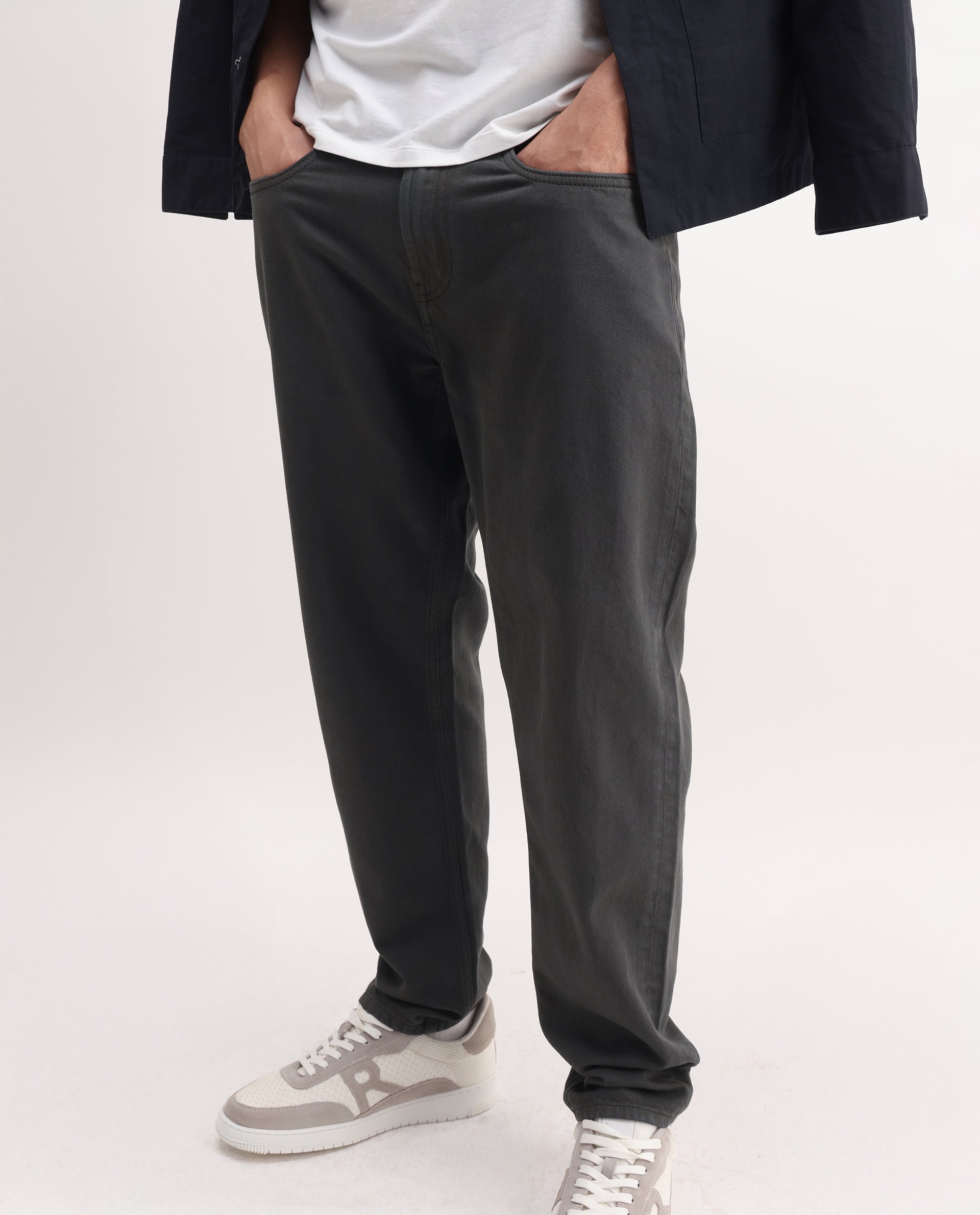 Rare Rabbit Men's Arvi-2 Dark Grey Cotton Blend Plain Dond Carrot Fit Jeans