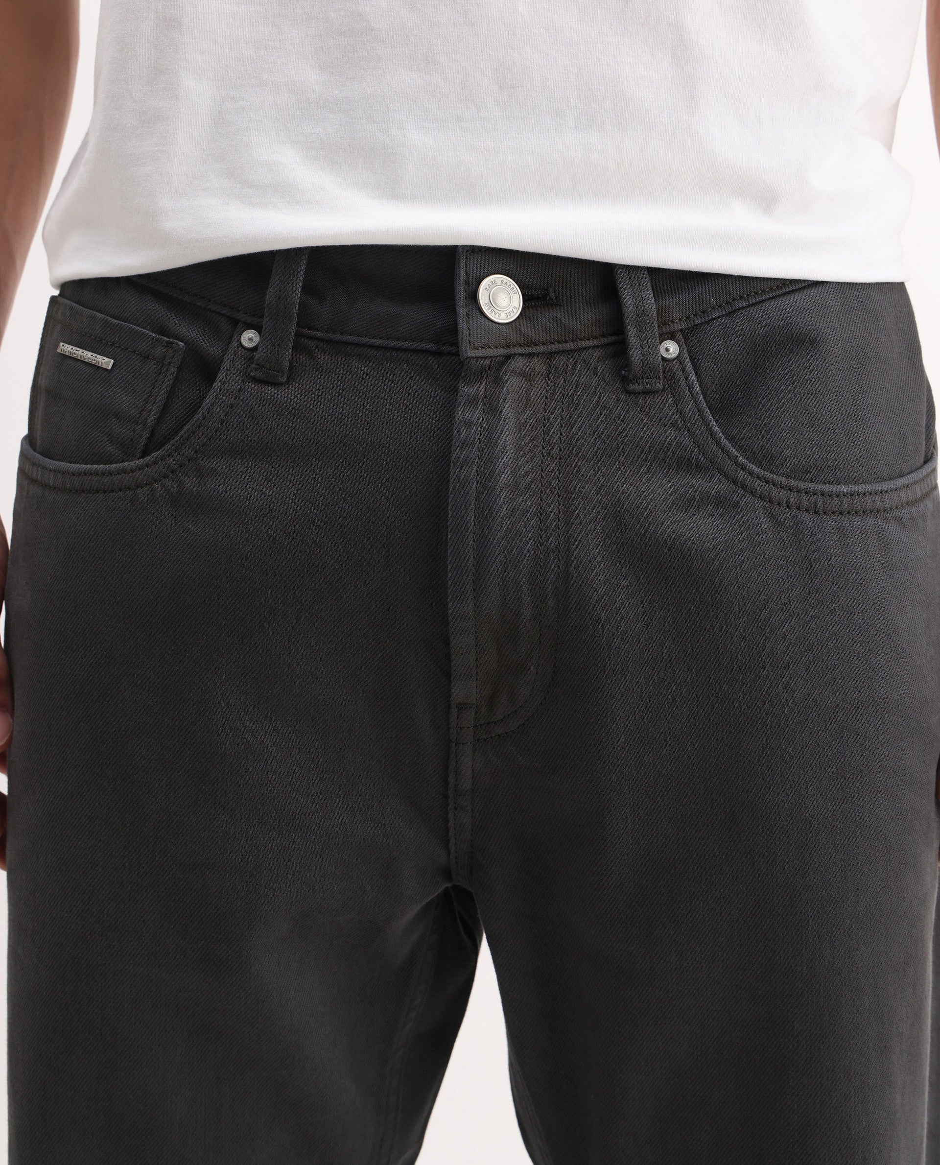 Rare Rabbit Men's Arvi-2 Dark Grey Cotton Blend Plain Dond Carrot Fit Jeans