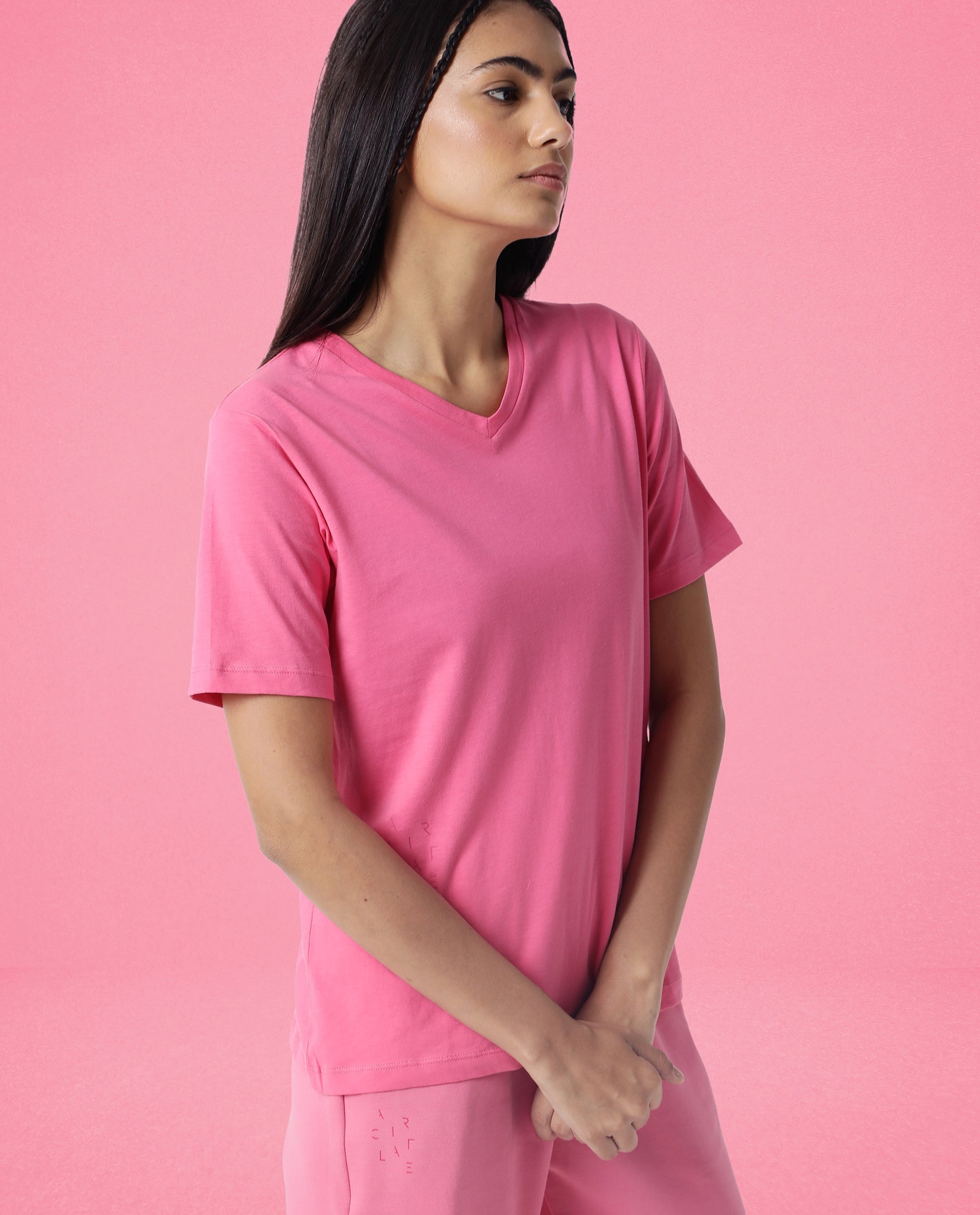 Buy Flame Pink V Neck T Shirt For Women 8907279447357