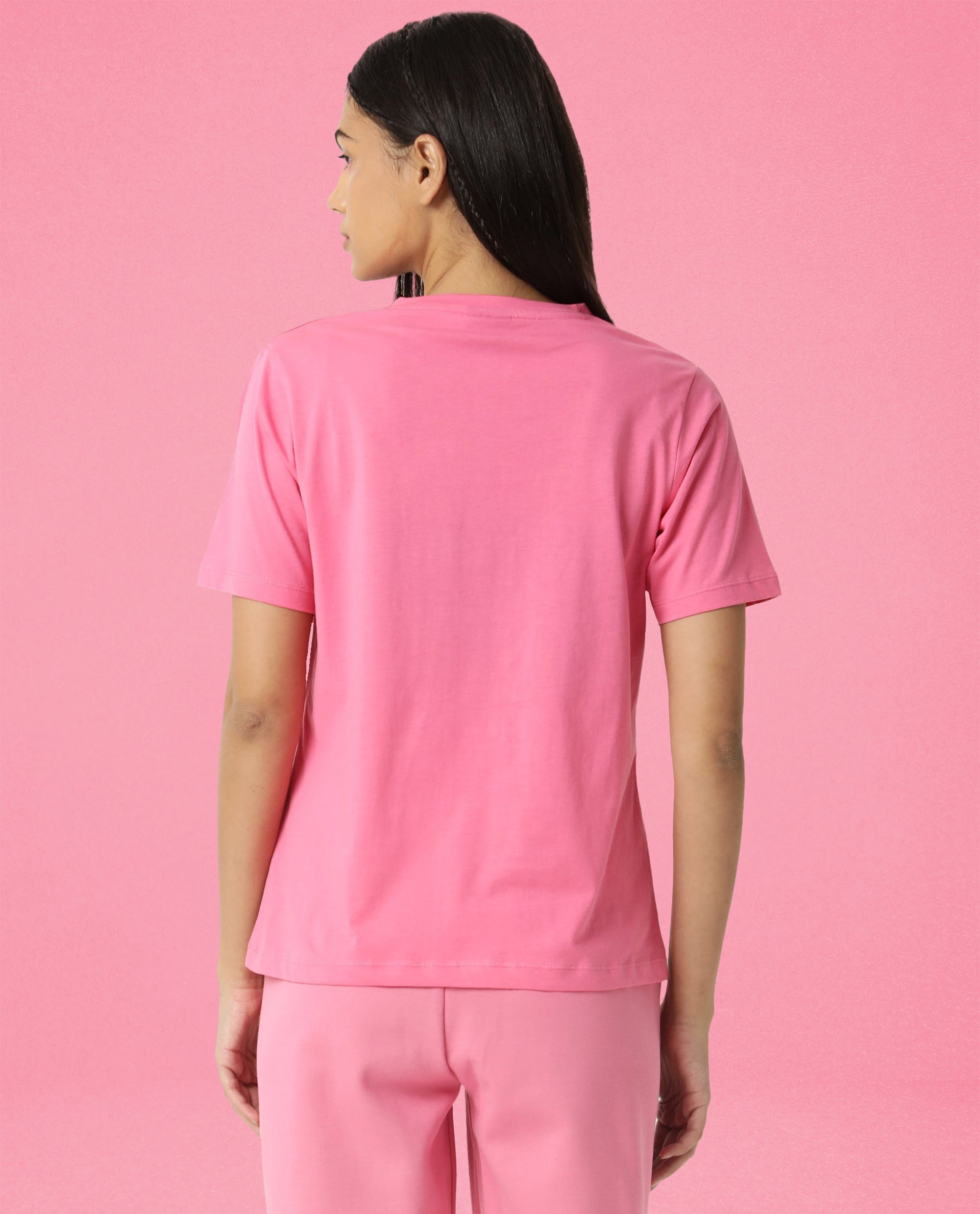Rareism Women Arvi Flouroscent Pink Cotton Blend Fabric Regular Fit Half Sleeves Solid V-Neck T-Shirt