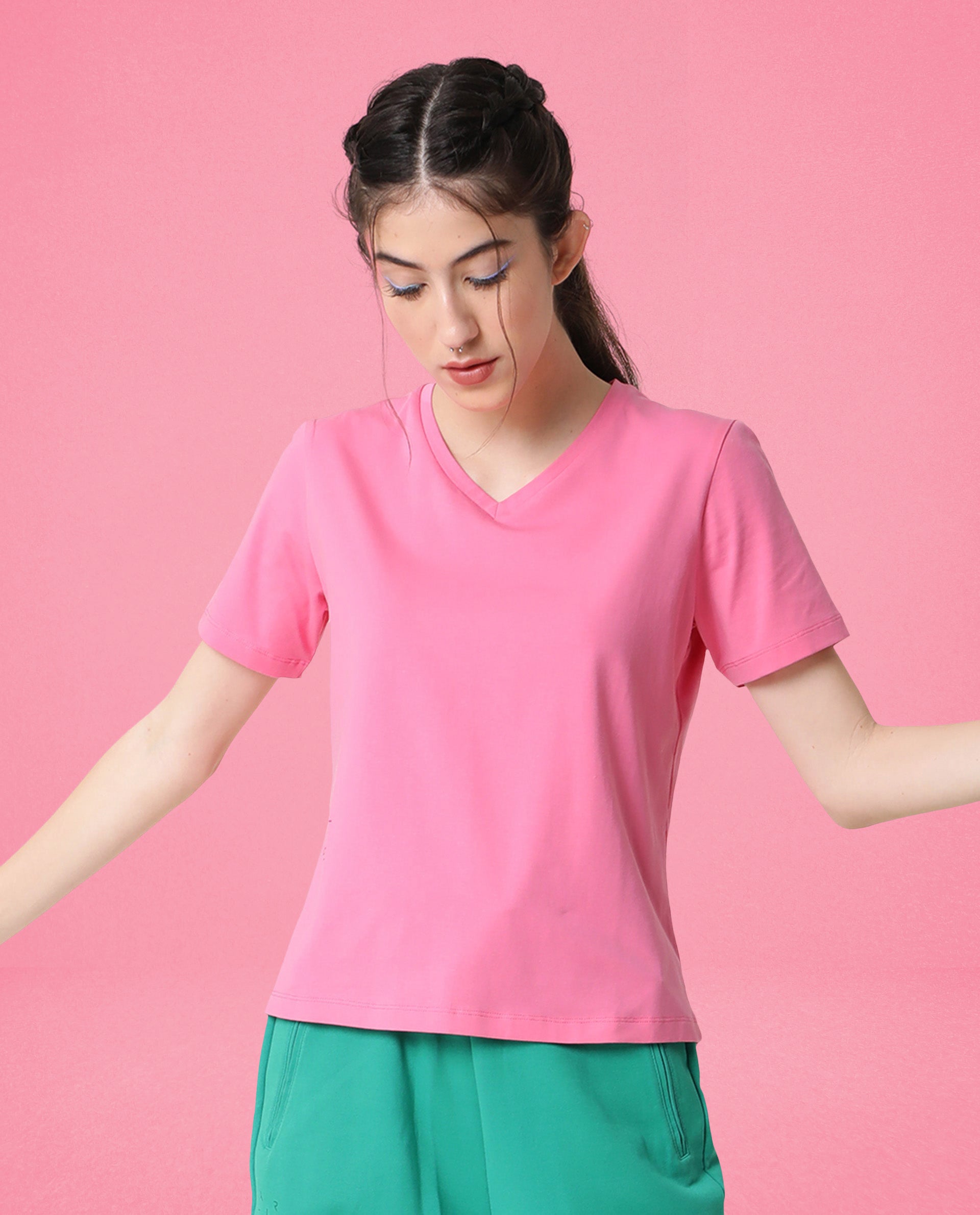 Rareism Women Arvi Flouroscent Pink Cotton Blend Fabric Regular Fit Half Sleeves Solid V-Neck T-Shirt